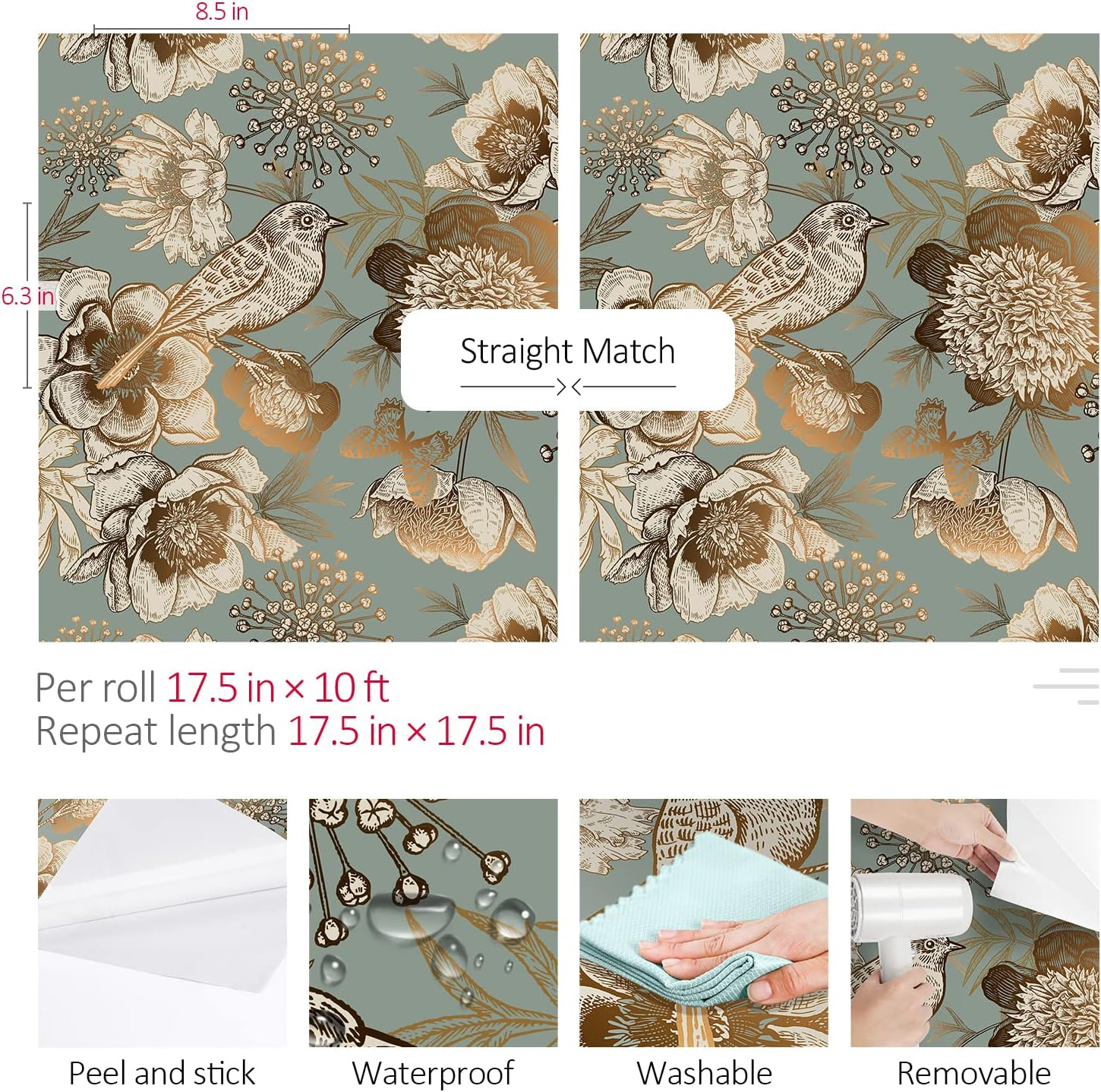 Rewallpaper Vintage Gold Floral Wallpaper Garden Bird Flower Peel and Stick Wallpaper for Bedroom Accent Wall 17.5In X 10Ft Dark Cyan Teal Contact Paper for Cabinets Peel & Stick Vinyl Wall Paper image number 2