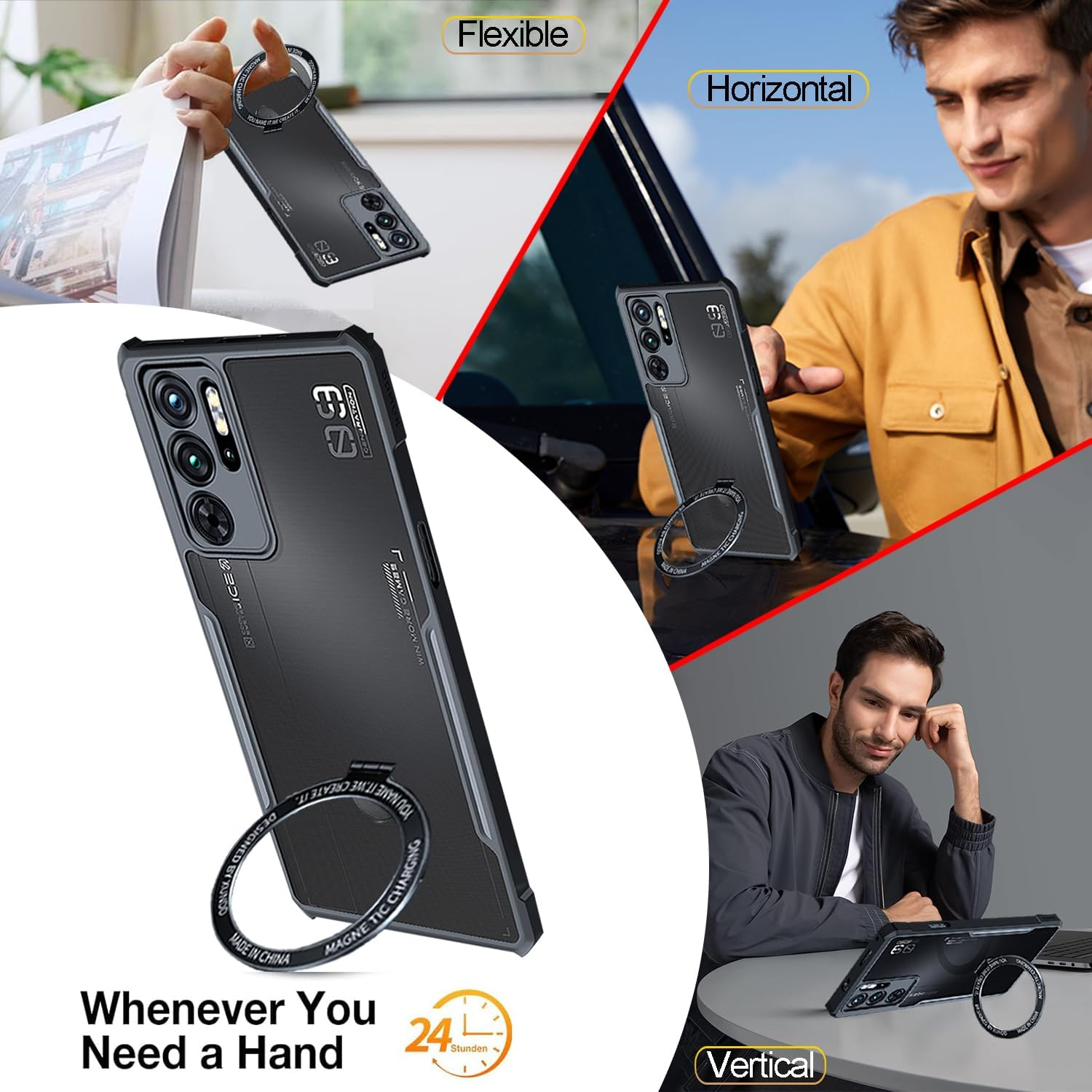 Guizzcg for ZTE Nubia Red Magic 9 Pro / 9 Pro+ / 9S Pro / 9S Pro+ Case with Ring Stand Holder, Soft TPU Bumper + Acrylic Back Military Grade Airbags Shookproof Drop Protection, Stand Black image number 4