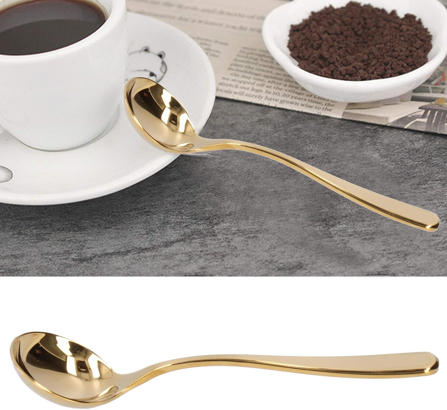 Cupping Spoon Stainless Steel Professional Coffee Cupping Spoon Milk Foam Dessert Cake Ice Cream Soup Bouillon Iced Tea Spoons Gadgets Tableware Kitchen Tool Silverware with Storage Bag (Oro)