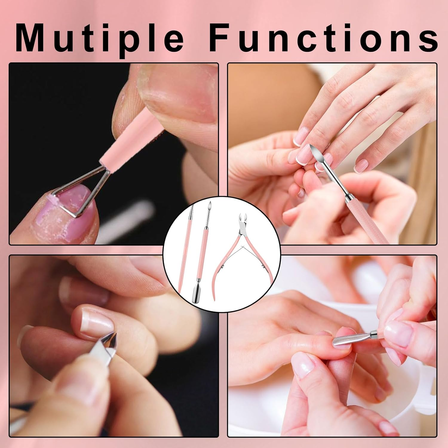 Cuticle Trimmer with Cuticle Pusher and Cutter - 3 PCS Pink Professional Pedicure Manicure Tools with Stainless Steel Dual End Pusher, Nail Scraper for Fingernails Toenails image number 6