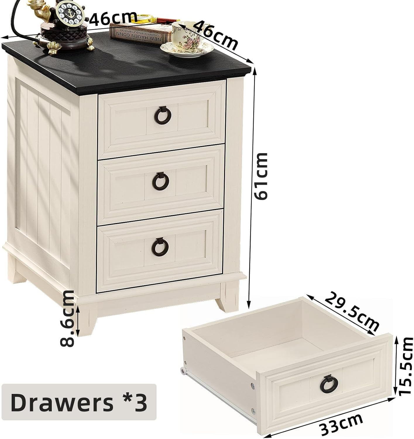 LELELINKY 18" Farmhouse Night Stand with 3 Drawers, Wood End Table Dresser for Bedroom, White Nightstand, Bed Side Table with Metal Handle, Bedside Cabinet for Bedroom Living Room, Closet, Office