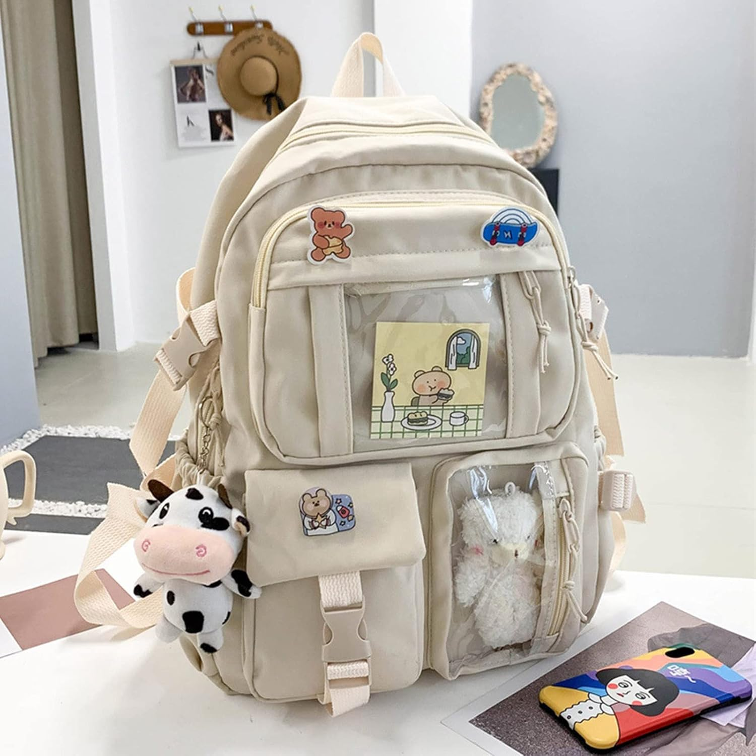 Kawaii Backpack Cute School Backpack Aesthetic Bookbags with Kawaii Pin Accessories for Teen Girls - Black image number 6