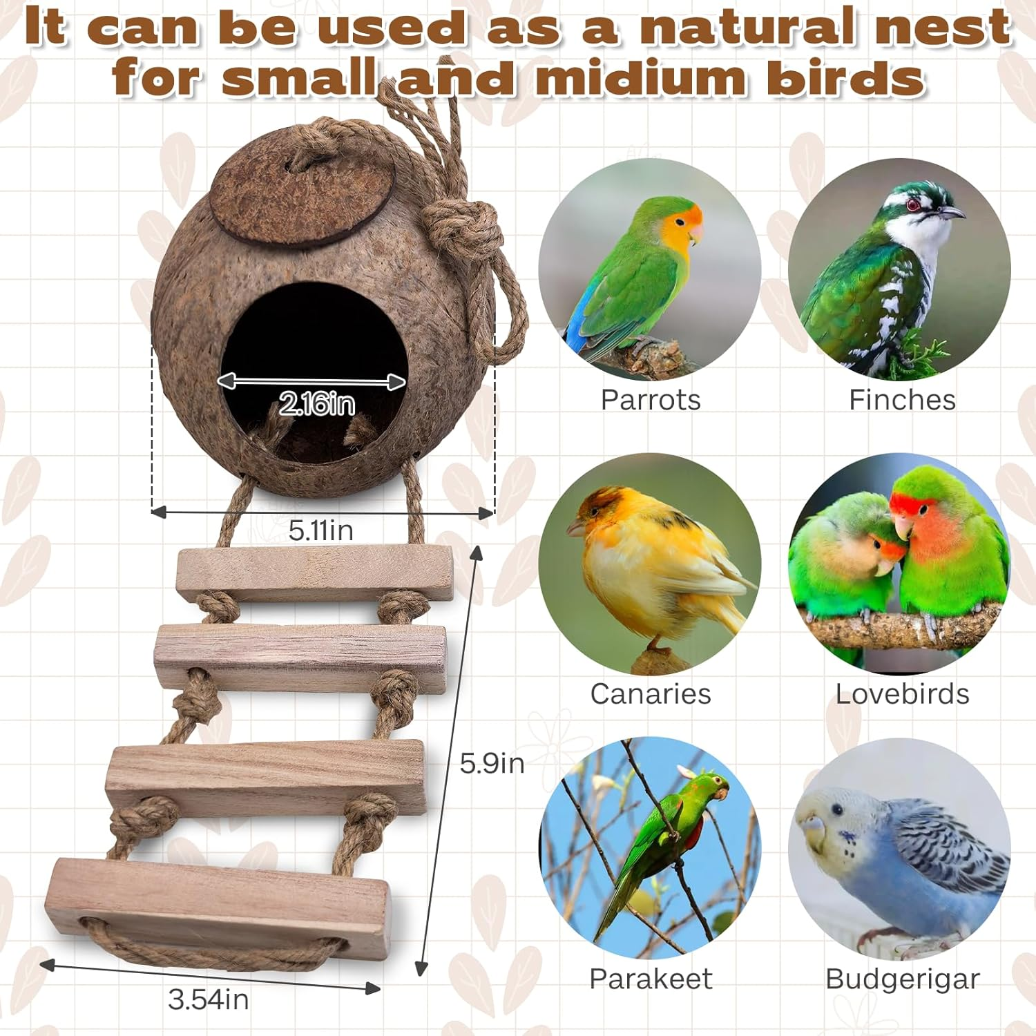 PINVNBY Coconut Bird Nest Hut with Ladder, Coconut Hiding Place Inseparable House Hanging Toy for Budgies Parakeets Cockatiels Parakeet Canary Finch Dove (With Natural Cocoon