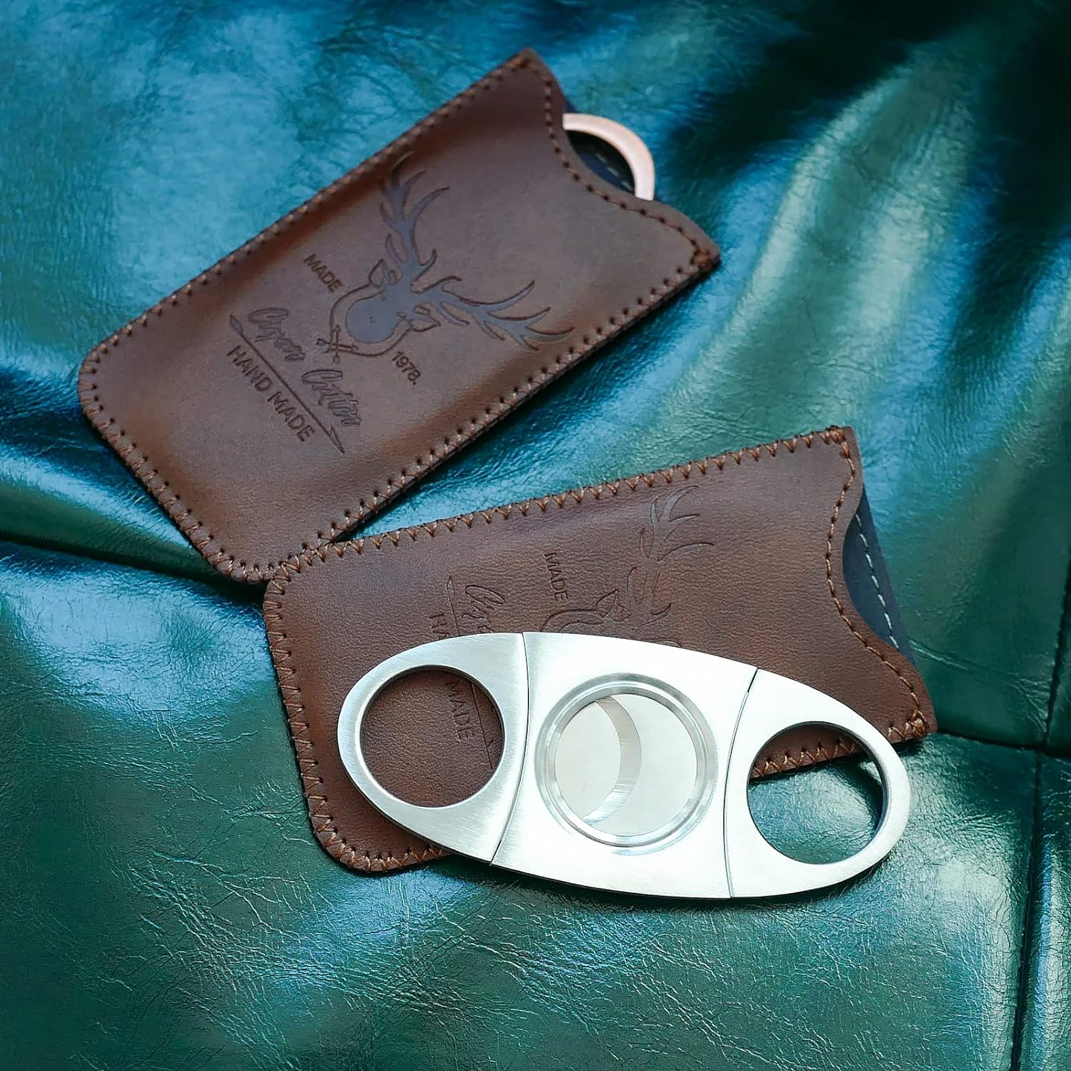 Stainless Steel Cigar Cutter with Leather Case,Double Blade for a Precise Perfect Cut(Brown Deer) image number 3