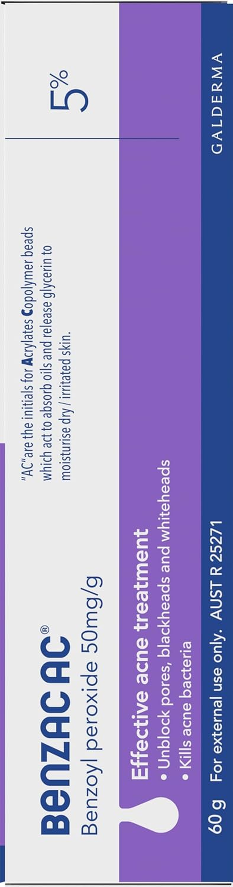 Benzac AC 5.0% Moderate Acne Gel 60G, Kills up to 94% of Acne Bacteria in 1 Week, Contains Benzoyl Peroxide, Dermatologically Tested image number 1