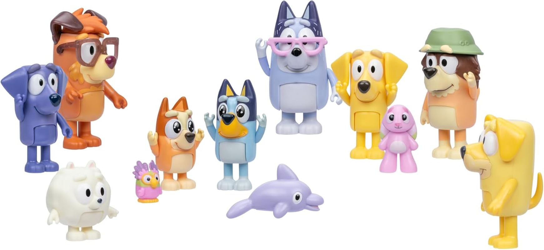 Bluey Super Fan Set Includes Twelve 5-6.35Cm Figures - Please Face Bluey, Please Face Bingo, Chattermax, Grey Dancer, Floppy Bunny, Lucky, Nana, Jean-Luc Johnny, Lucky'S Dad, Joff, Pom Pom, Grandad