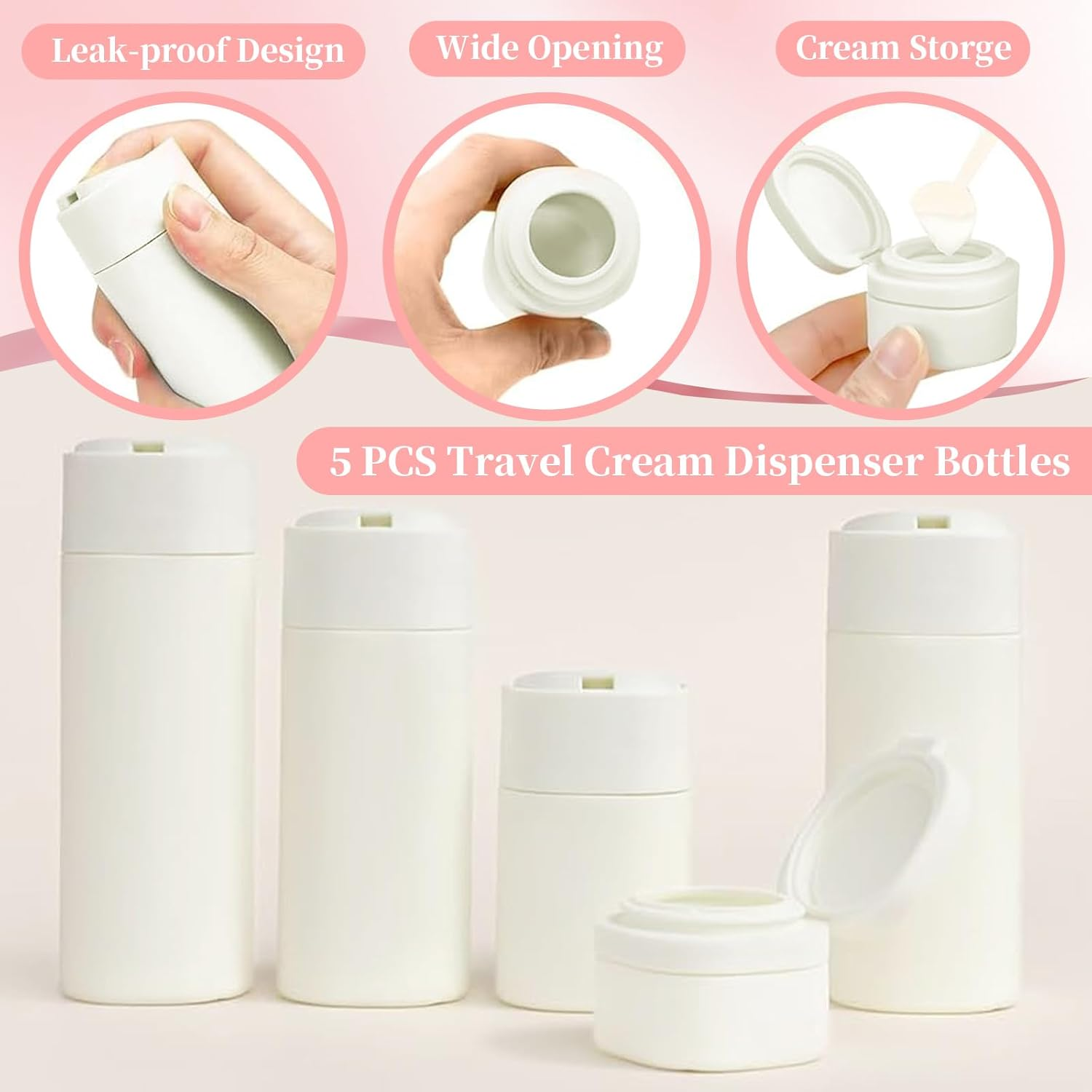 5 PCS Travel Cream Dispenser Bottles Set, TSA Approved Leak-Proof Toiletry Containers for Shampoo, Lotion, Cosmetics, Modern Portable Dispenser Bottles for Air Travel, Gym, Vacation (White) image number 1