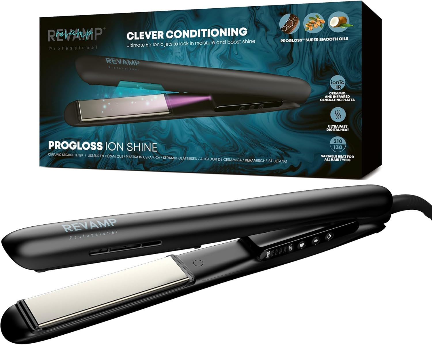 Revamp Progloss Ion Shine Ceramic Hair Straightener with Ion Technology for Frizz-Free Results Enriched with Progloss Smooth Keratin, Argan and Coconut Oil, Various Heat Levels - White