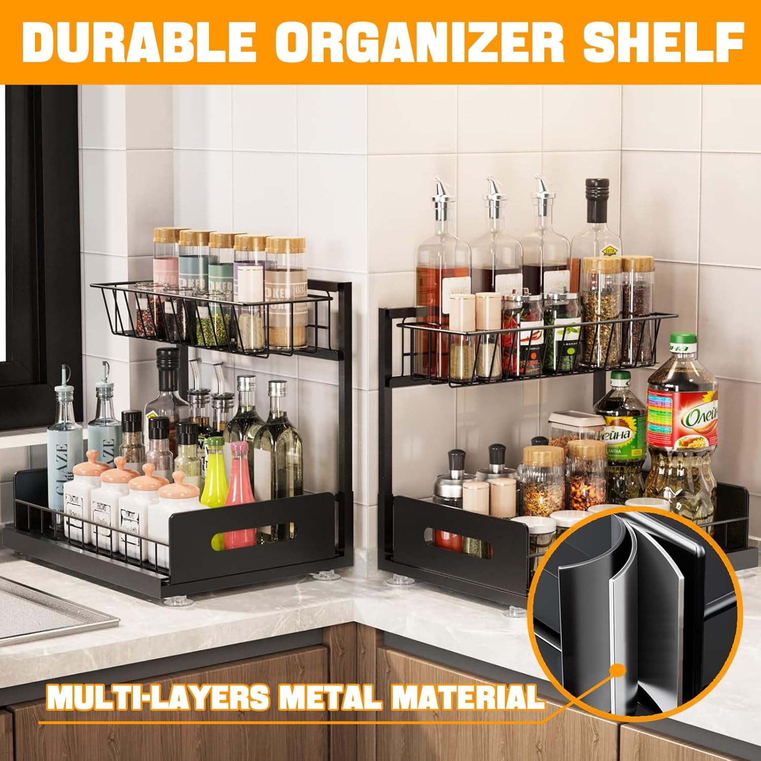 DEVA 2 Pack under Sink Organiser, High Duty Metal under Sink Organizer and Storage & 2 Tiers Pull-Out Drawers, Kitchen Sink Organiser for Kitchen Bathroom Pantry Laundry (Black) - Black image number 6