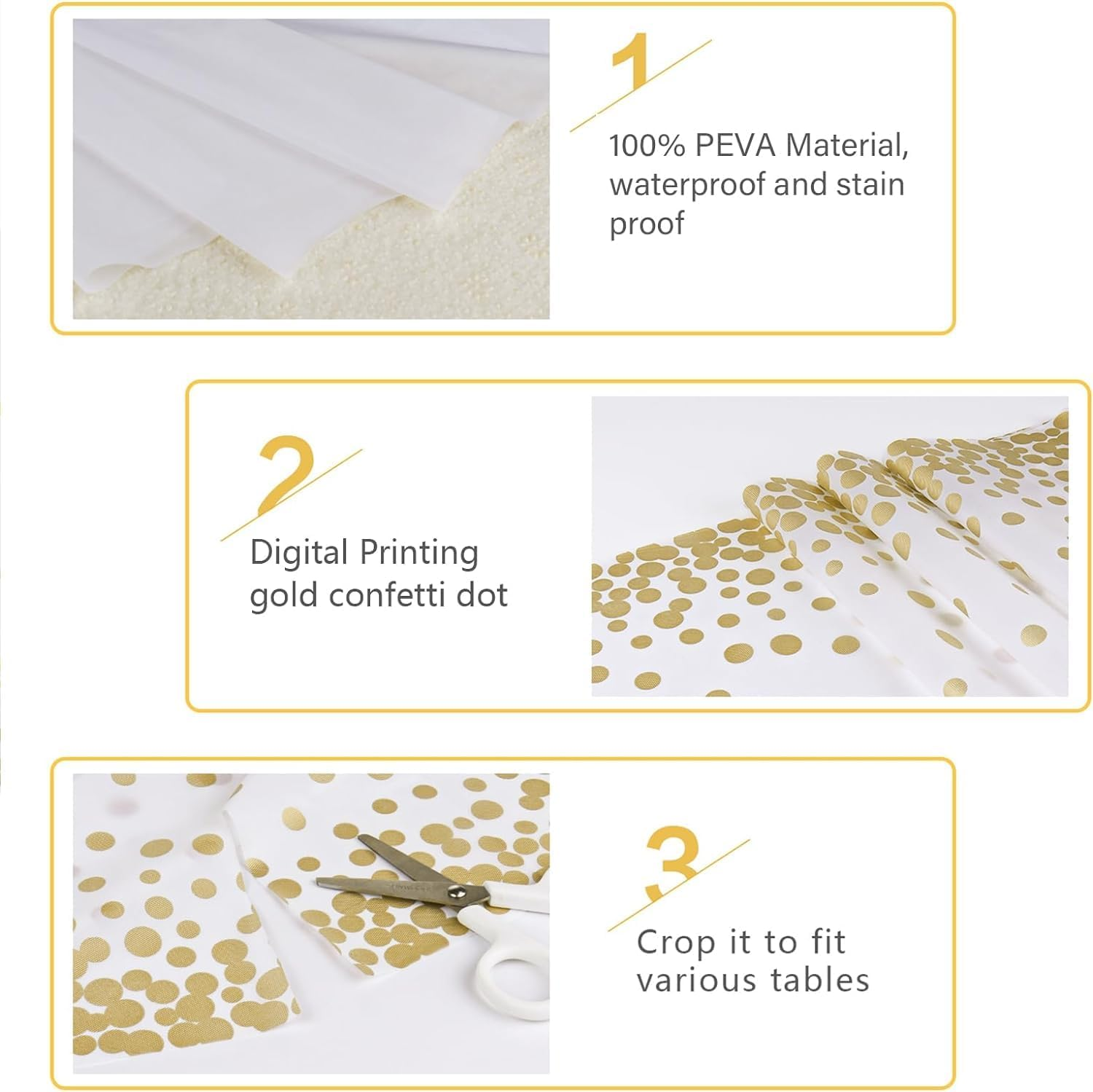 4 Pack Disposable Plastic Tablecloths, 54" X 108" Plastic Rectangle Whitegold Dot Tablecloths for Indoor or Outdoor Tables Parties Christmas Picnic Birthdays and Weddings image number 5