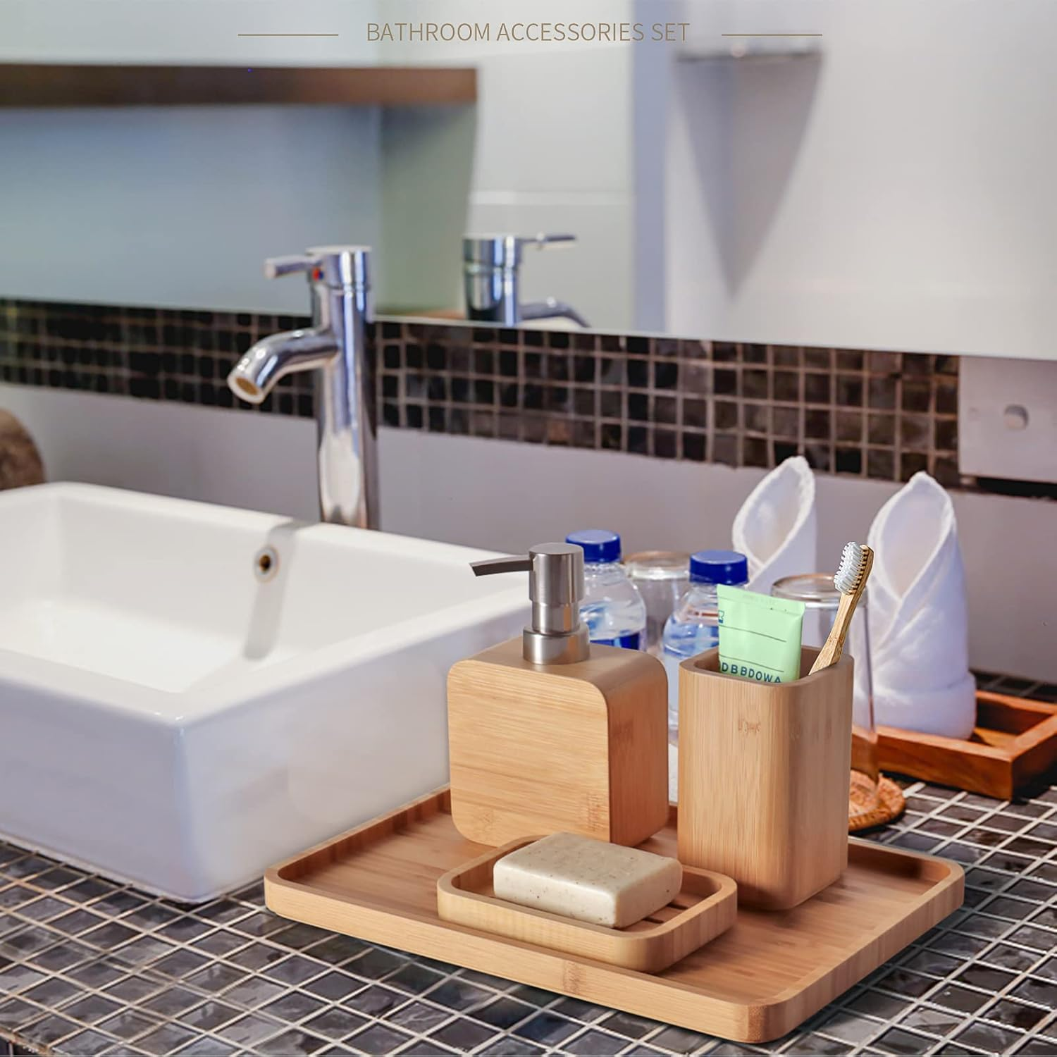 Asashizen 4-Piece Retro Handmade Bamboo Bathroom Accessory Set, Bathroom Set, Soap Dish Holder for Shower, Lotion Soap Dispenser, Mouthwash Cup, Rinse Cup, Organiser Tray image number 1