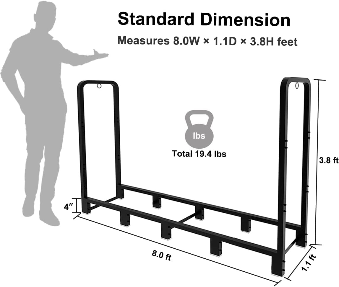 Artibear 8Ft Outdoor Firewood Rack, Upgraded Heavy Duty Logs Stand Stacker Holder for Fireplace - Metal Lumber Storage Carrier Organizer, Bright Black image number 1