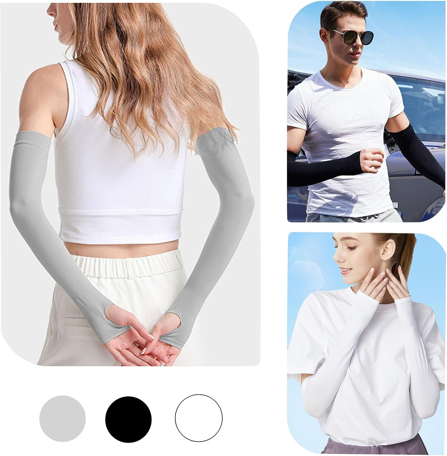 Medsuo 3 Pairs Comfy Arm Sleeves with Thumb Hole Protection Cooling Arm Sleeves 3 Colors Compression Long Women Men Summer Sun Arm Cover Sleeves Tattoo Cover for Sports Workouts Cycling Driving, Grey image number 5