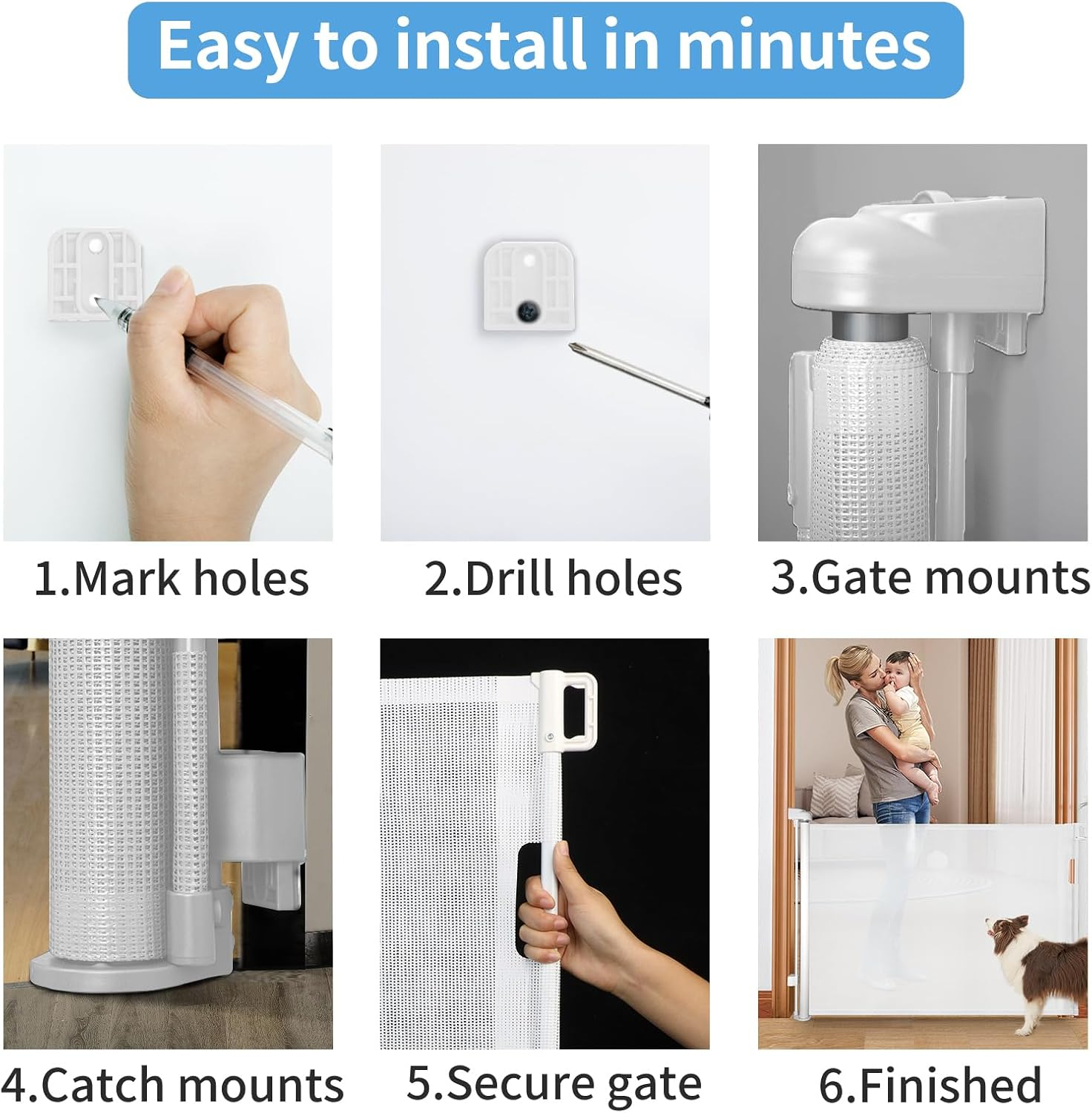 Veraste Retractable Baby Gate,Mesh Baby Gate or Mesh Dog Gate,33" Tall,Extends up to 55" Wide,Child Safety Gate for Doorways, Stairs, Hallways, Indoor/Outdoor（White,33"X55" image number 6