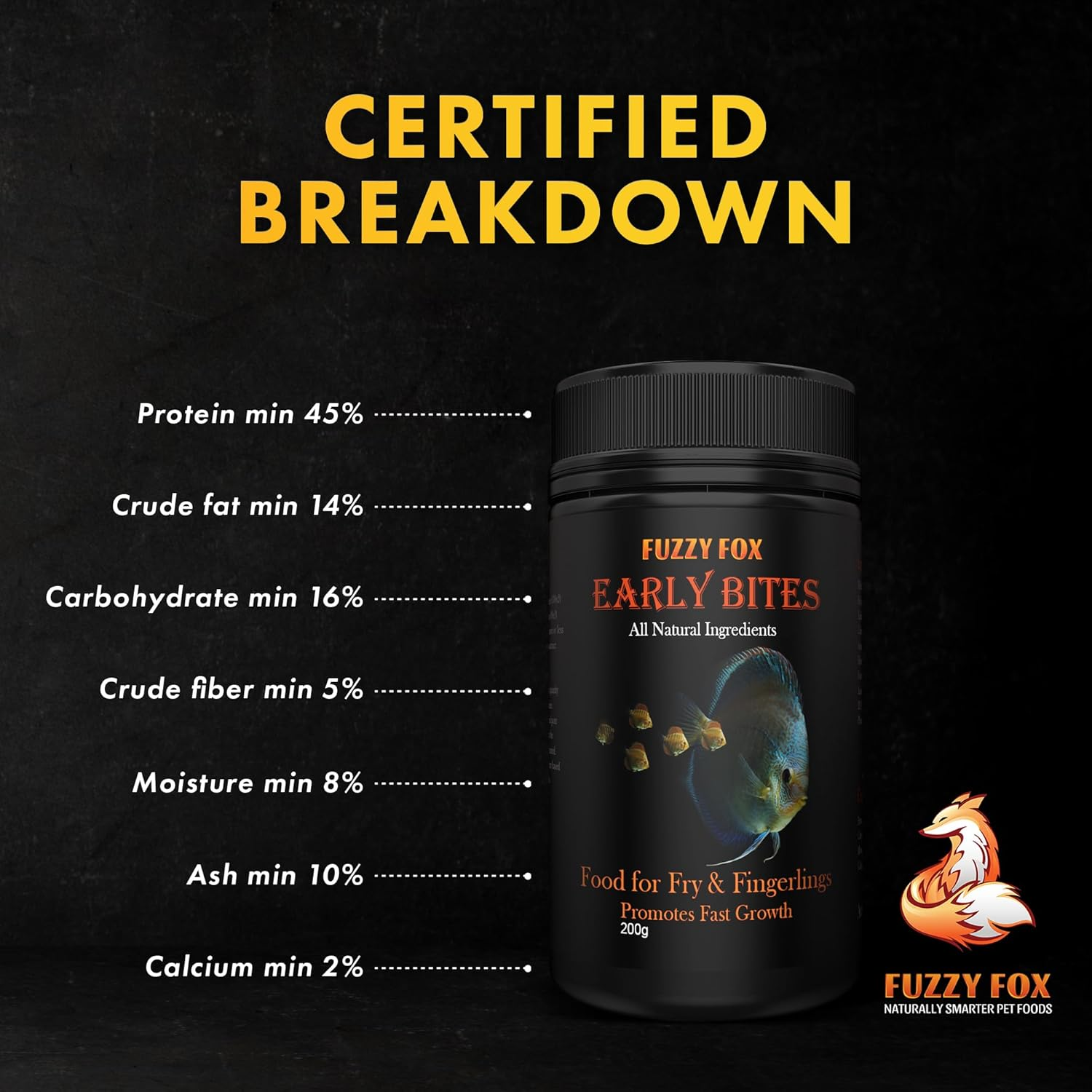 Fuzzy Fox Early Bites Fish Food for Fingerlings & Fry with All-Natural Ingredients, Fish Food with Balanced Vitamins and Minerals 65G image number 2