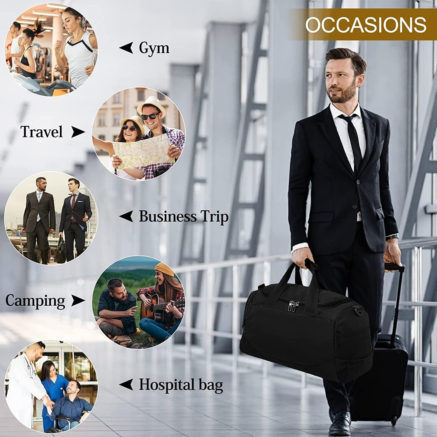 FALAZAR Sport Duffle Bag for Men Women 40L Waterproof Travel Duffel Bag with Shoes Compartment Lightweight Gym Bag with Wet Pocket Weekender Overnight Bags,Black image number 3