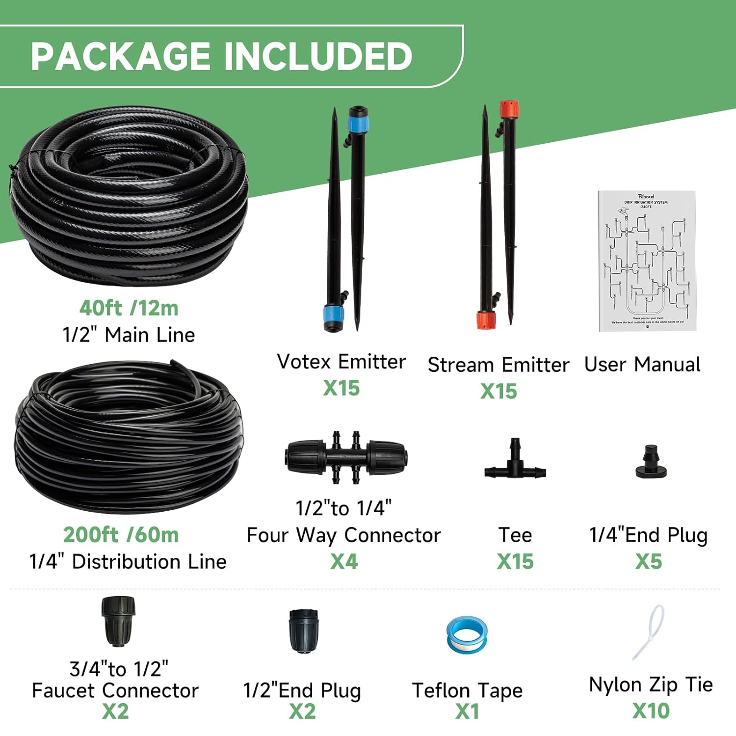 Riboud 240FT Drip Irrigation System Kit, Automatic Garden Watering System for Plant, Greenhouse, Yard, Lawn, with 1/2 Inch 1/4 Inch Irrigation Tubing Hose and Accessories image number 2
