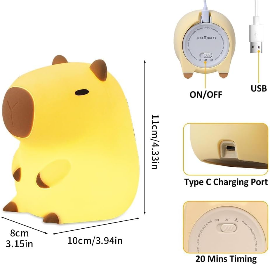 Night Light,Cute Capy-Bara Animal Soft Silicone Touch Control Lamp with Timer Dimmable, Portable Rechargeable Room Bedside Desk Decor Valentine'S Day Birthday Xmas Gifts for Camping image number 1