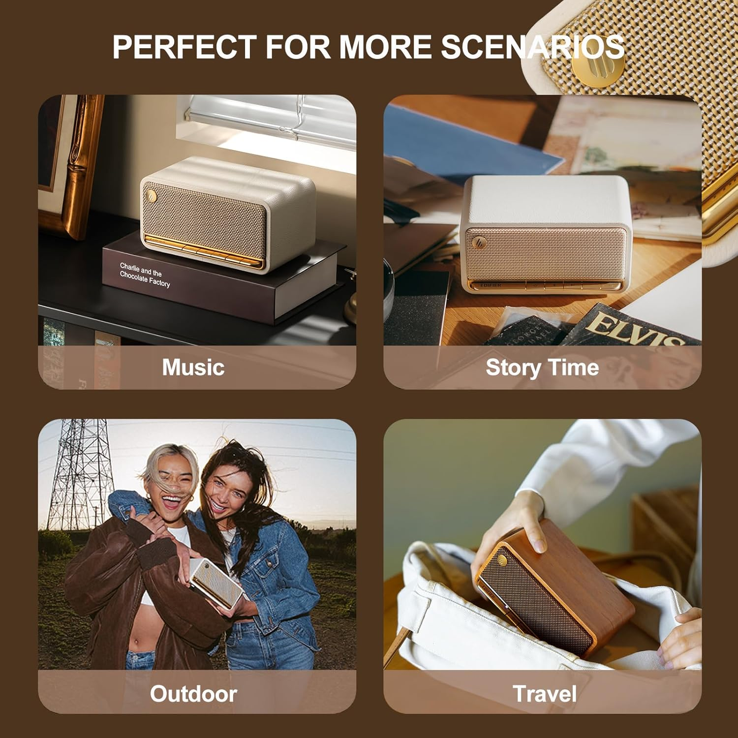 Edifier MP230 Wooden Portable Bluetooth Speaker, Wireless Desktop Stereo Speaker with 20W RMS, 10H Playtime, Bluetooth 5.0, USB, AUX, TF Card Inputs - White - Brown image number 6