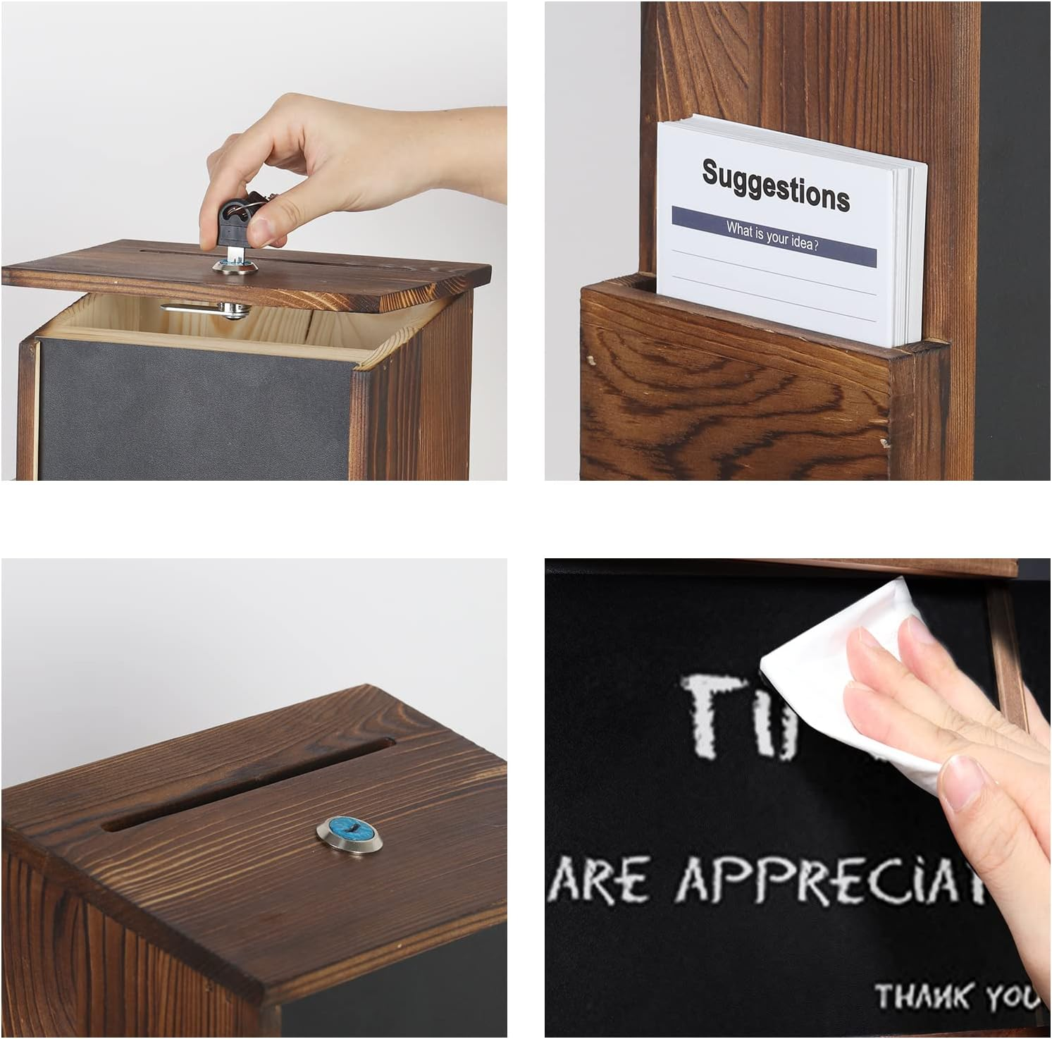 Lockable Suggestion Box: Wooden Charity Donation Boxes Wall Mounted Comment Ballot Box with Secure Lock Card Holder and Writing Blackboard image number 2