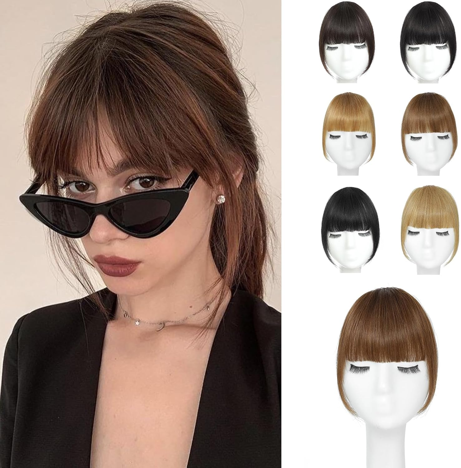 YBYMCAI Clip in Bangs - Dark Brown Human Hair French Curtain Bangs for Women - Clip on Bangs with Temples - Wig Hair Extensions for Daily Wear