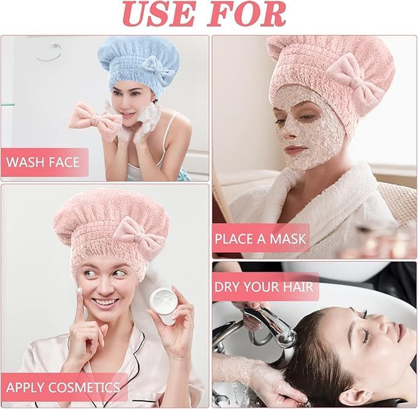 Microfiber Hair Drying Cap Hat, 2Pcs Microfiber Hair Drying Towels Absorbent Hair Drying Cap Bowknot Hair Turban Towel,Microfiber Hair Towel Cap Quick Drying Cap,Hair Towel Wrap Women Hair Drying Cap image number 6