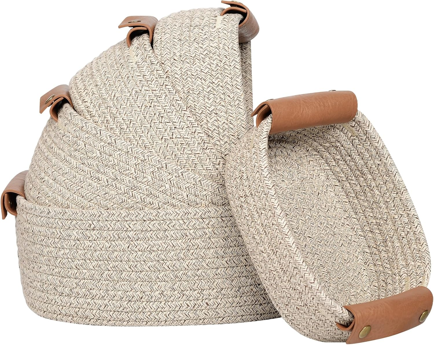 Storage Basket Set of 5 - Cotton Rope Baskets with Leather Handles - Small Woven Basket for Organizing, Nursery, Bathroom Shelves or Bedroom Decor (Rainbow)