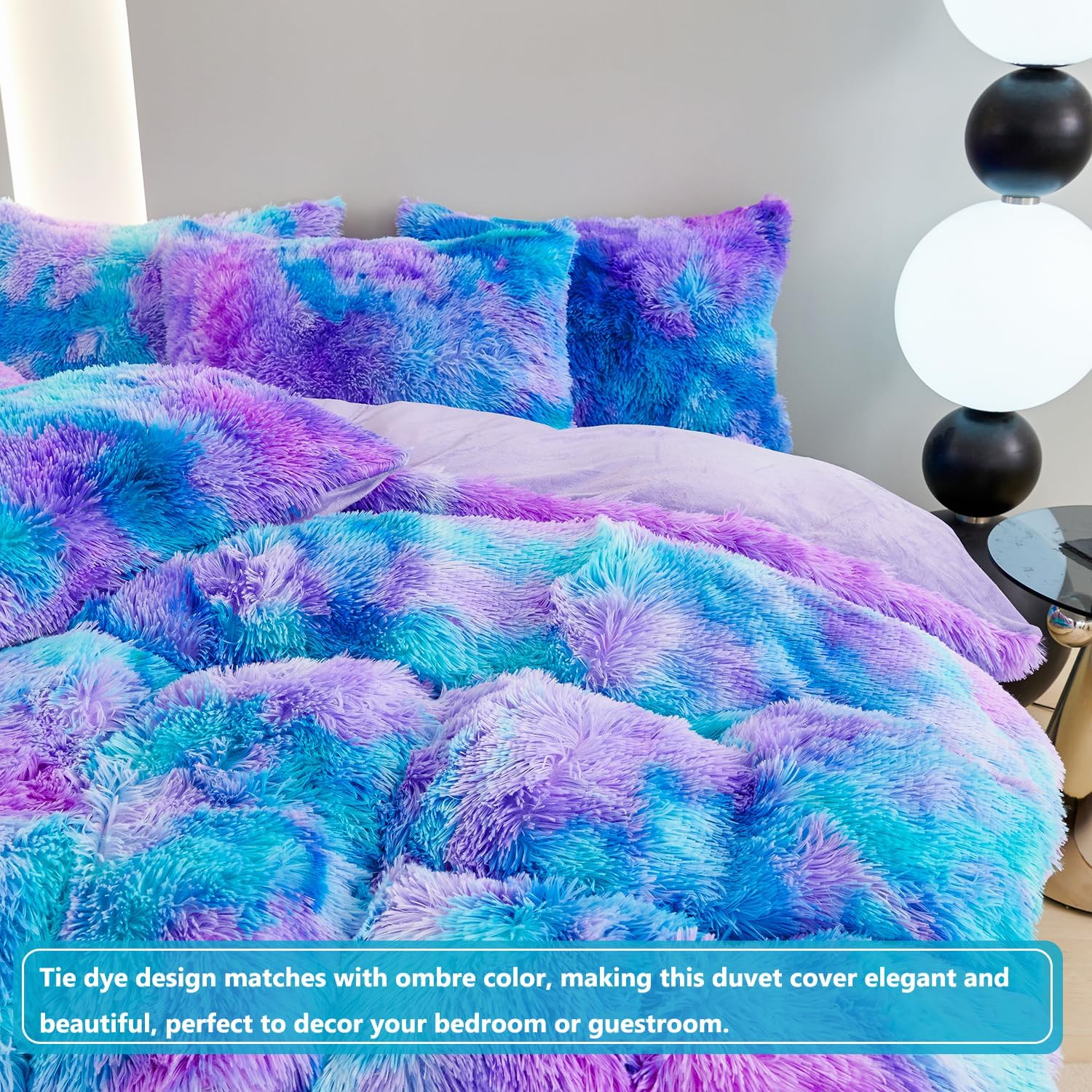 SUCSES Plush Shaggy Bedding Duvet Cover Set for Teens Girls, 3Pcs Faux Fur Fluffy Velvet Comforter Cover Set, Blue Purple Tie Dye Furry Bed Sets for Kids Teens (Blue Purple, Full) image number 4