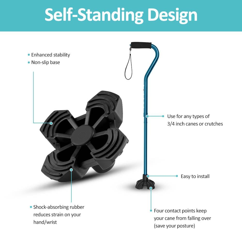 Cane Rubber Tip - Self-Standing Walking Sticks Accessories - Fits 3/4 Inch or 19 Mm Canes - Quad Base for Stability - Seniors Durable Walking Cane Tip - Elderly Aids for Daily Living (Black) image number 1