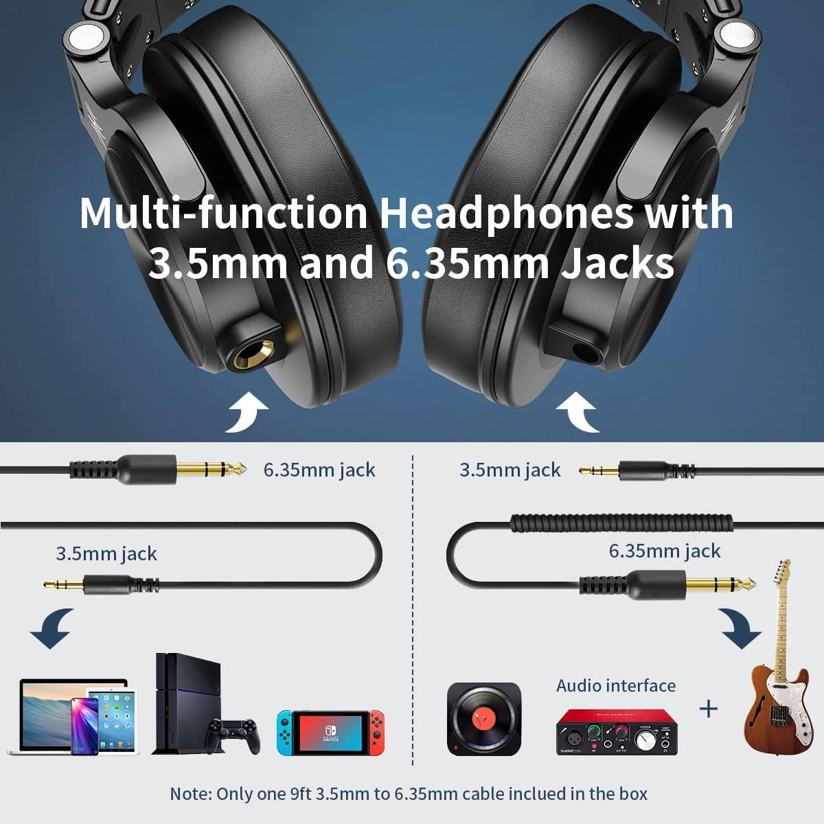 Oneodio A71 Hi-Res Studio Recording Headphones - Wired over Ear Headphones with Shareport, Monitoring Mixing Foldable Headset with Stereo Sound, 3.5/6.35MM Jack for PC Computer DJ Guitar-Black image number 5