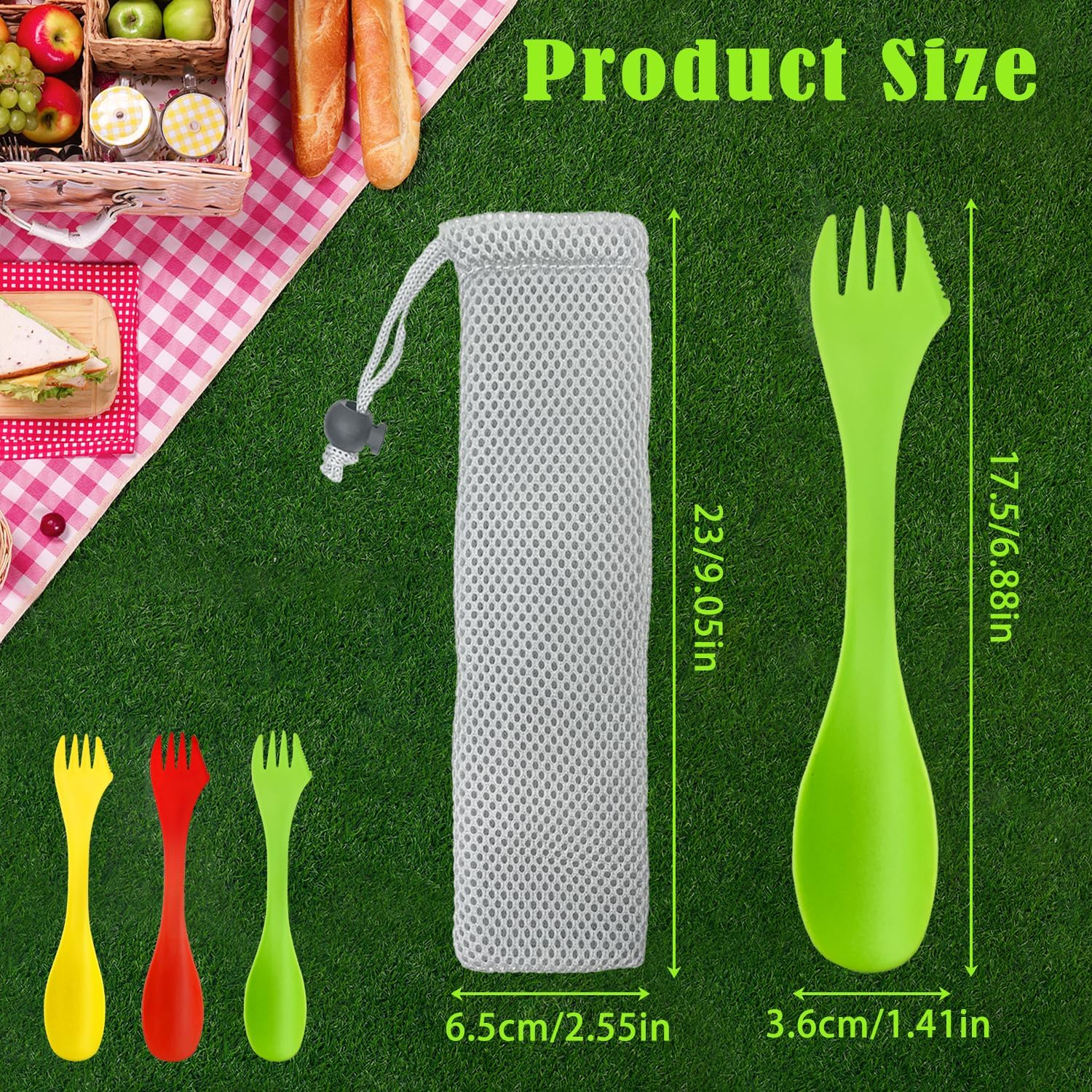 3 Pcs Plastic Spork, 3 in 1 Spork Portable Camping Cutlery Set Reusable Camping Spork Spoon Fork with Portable Pouch for Outdoors, Camping, Hiking Travel (Red&Green&Yellow) image number 4
