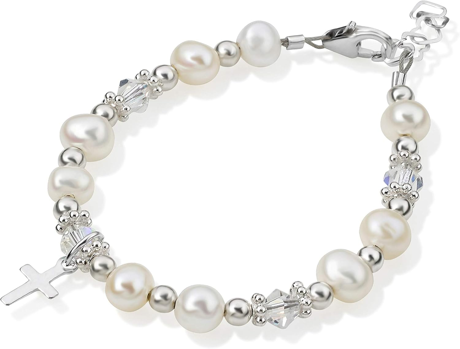 Christening Austrian Clear or Pink Crystals with Cultured Fresh Water Pearls and Sterling Silver Cross Charm Luxury Child Unisex Bracelet, Baptism,Communion (BFWC) image number 3