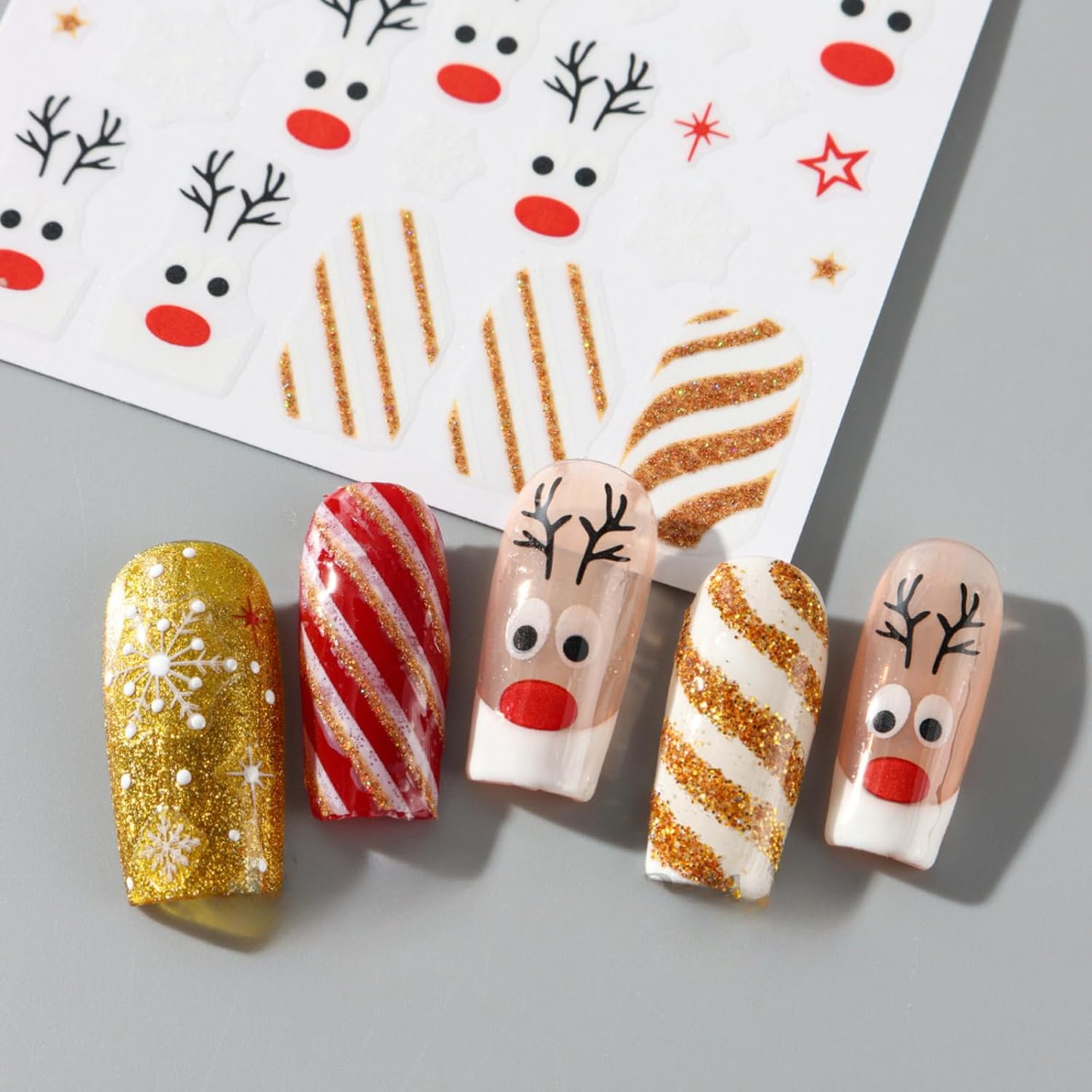6 Sheets Christmas Design Nail Art Stickers 3D Self-Adhesive Designer Nail Decals Colorful Bow Reindeer Gingerbread Man Snowflake Nail Decoration DIY Manicure Tips for Women Girls (Merry Christmas) image number 5