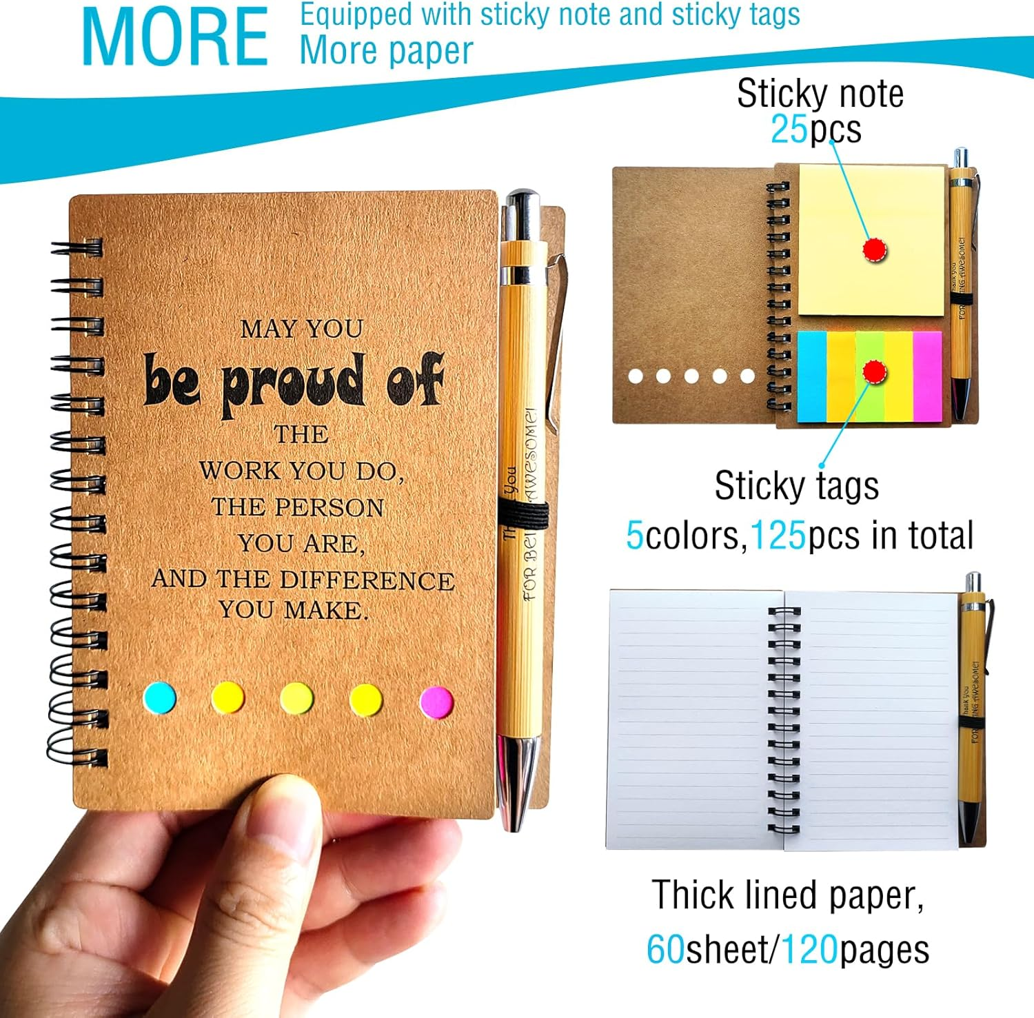 4 Sets Employee Appreciation Lnspirational Spiral Journal with Sticky Note Notepad Motivational Bamboo Ballpoint Pen Bulk for Nurse Teacher Student Coworker Thank You Present - Brown image number 1