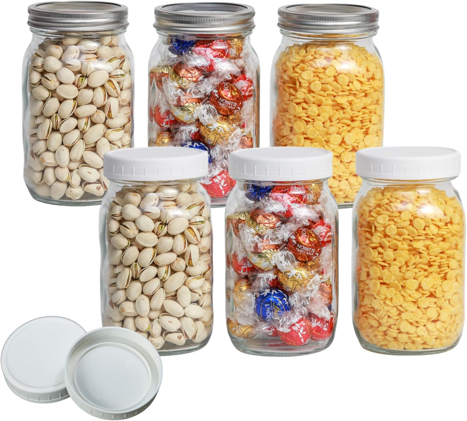 YOZOTI Glass Mason Jars, 6 Pack 32 Oz Wide Mouth with Lids and Bands, 6 White Plastic Lids, Clear Glass image number 1