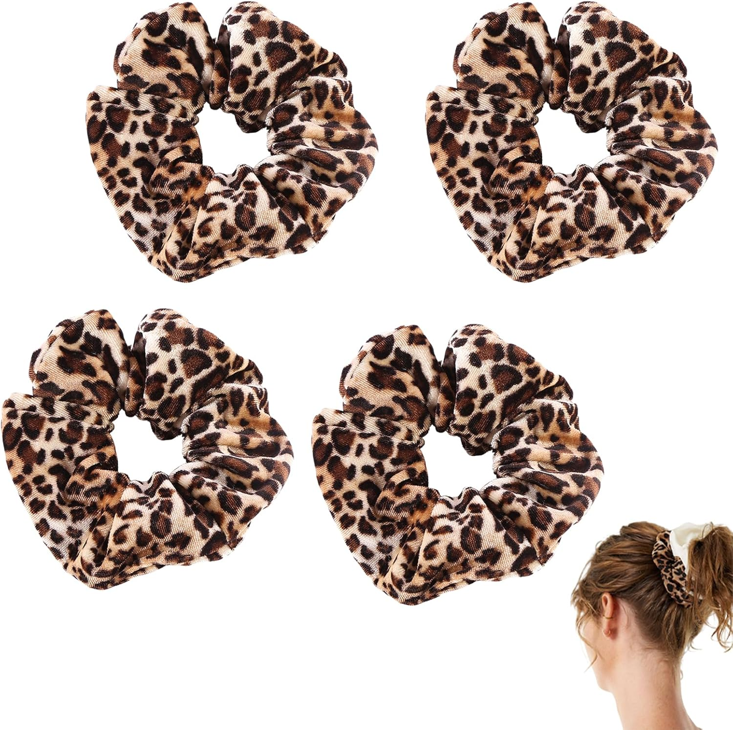 Pack of 4 Scrunchies Hair Bobbles with Leopard Pattern, Hair Thick Scrunchie Hair Band Elastic, Hair Bobbles Velvet Leopard, Elastic Hair Bands Ponytail, Leopard Hair Accessories for Women Girls