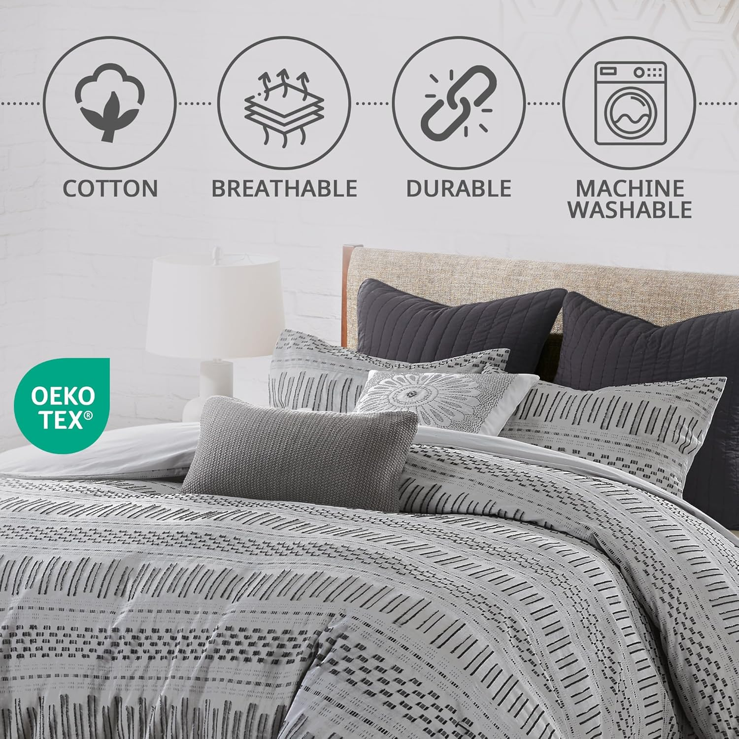 INK+IVY Rhea 100% Cotton Duvet Set Mid Century Modern Boho Design, All Season Comforter Cover Bedding Set, Matching Shams, King/Cal King, Geometric Clipped Jacquard Grey 3 Piece image number 2