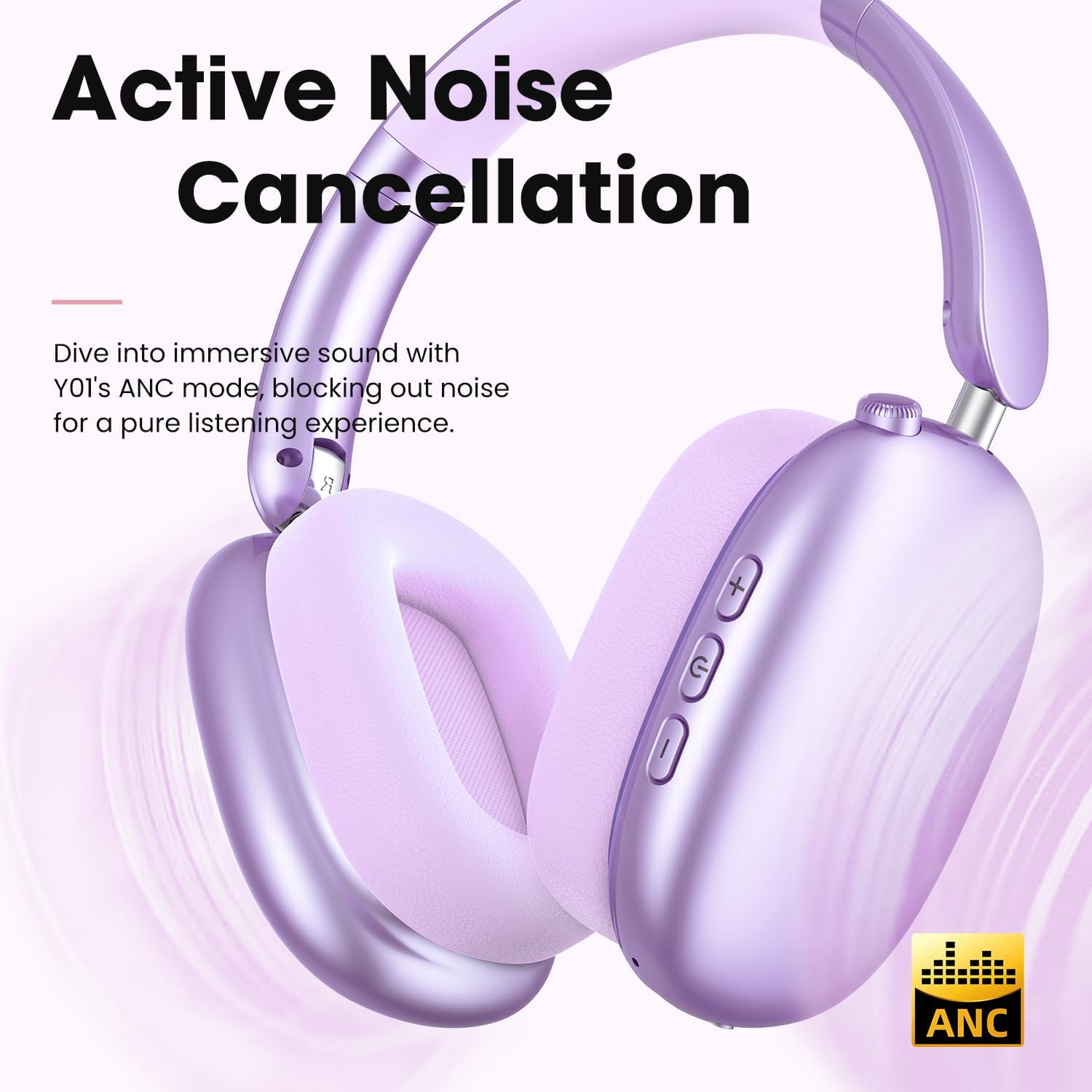 Wentronic Y01 Wireless Noise Canceling Headphones Bluetooth 5.3 over Ear Headphones with Microphone, Hi-Res Audio, 48H Playtime, Foldable Comfortable Earpads,Compatible with Ios,Android,Pc, Purple image number 4