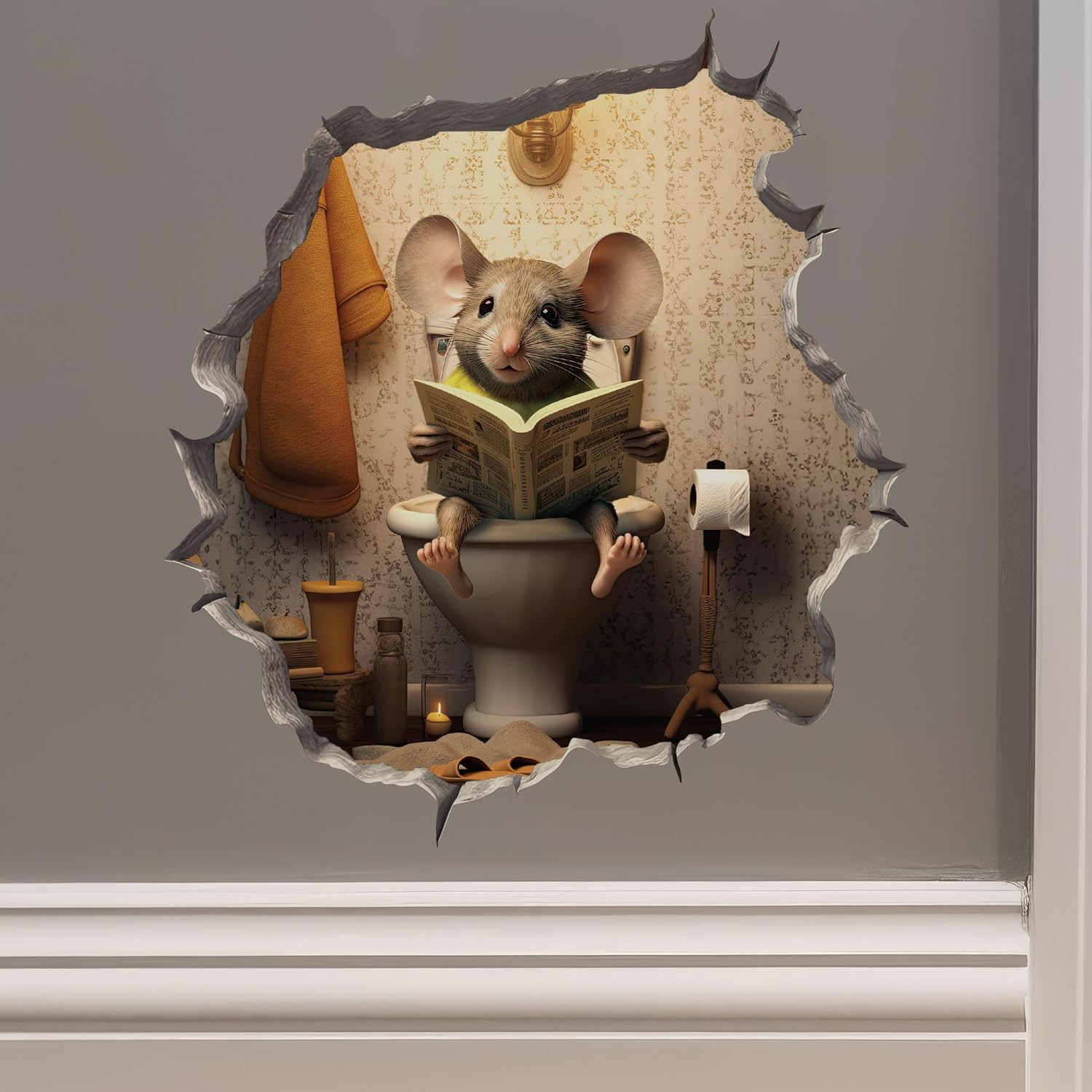 Mouse Sitting on Toilet in Mouse Hole Decal - Mouse Hole Sticker with 3D Effect - Funny Gift - Potty Training Gift Idea image number 6