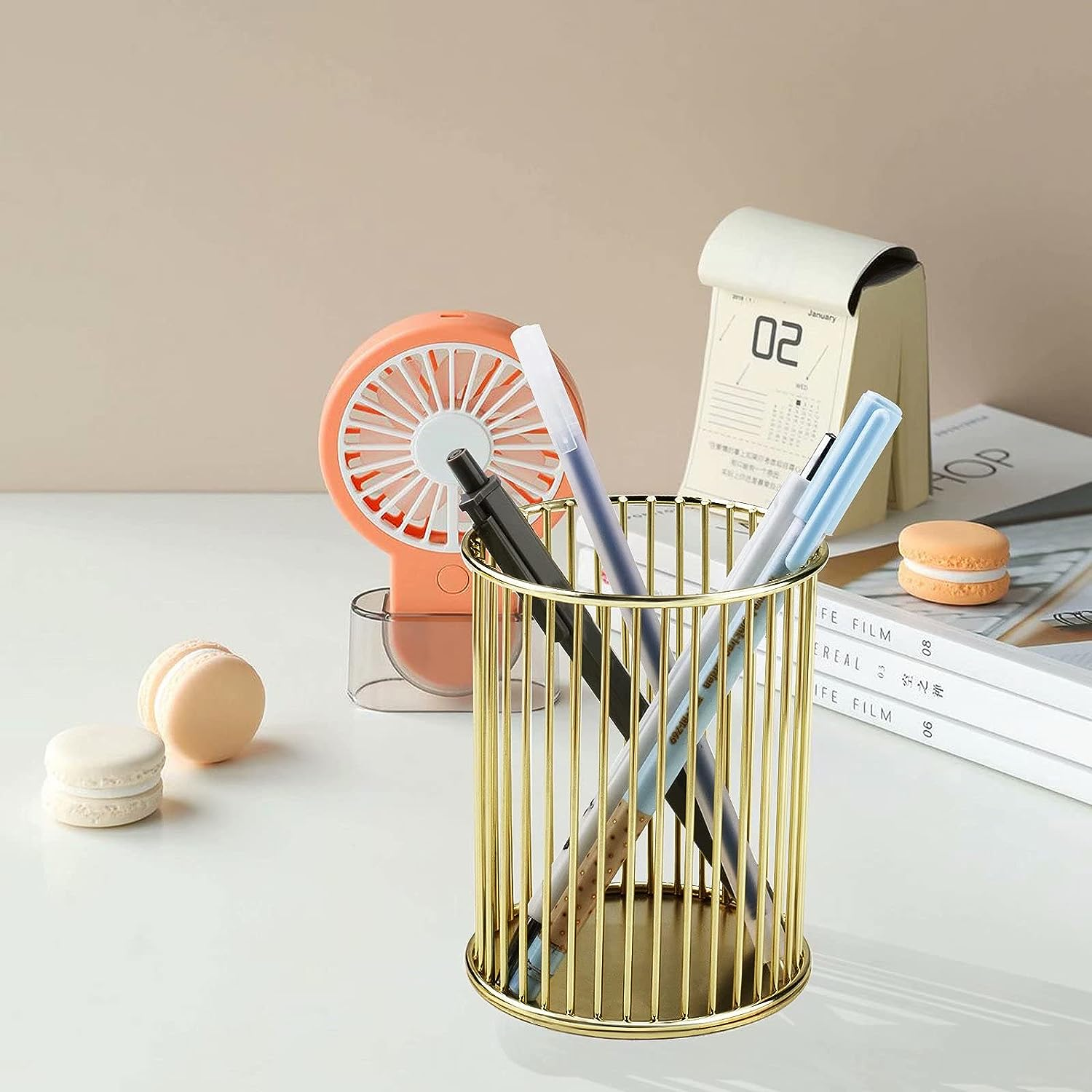 Pen Pencil Holder, Metal Wire Pen Pencil Cup Holders for Desk Cute Organizer, Makeup Brushes Cup Holder Organizer, 1PC Golden, by Xienie image number 5