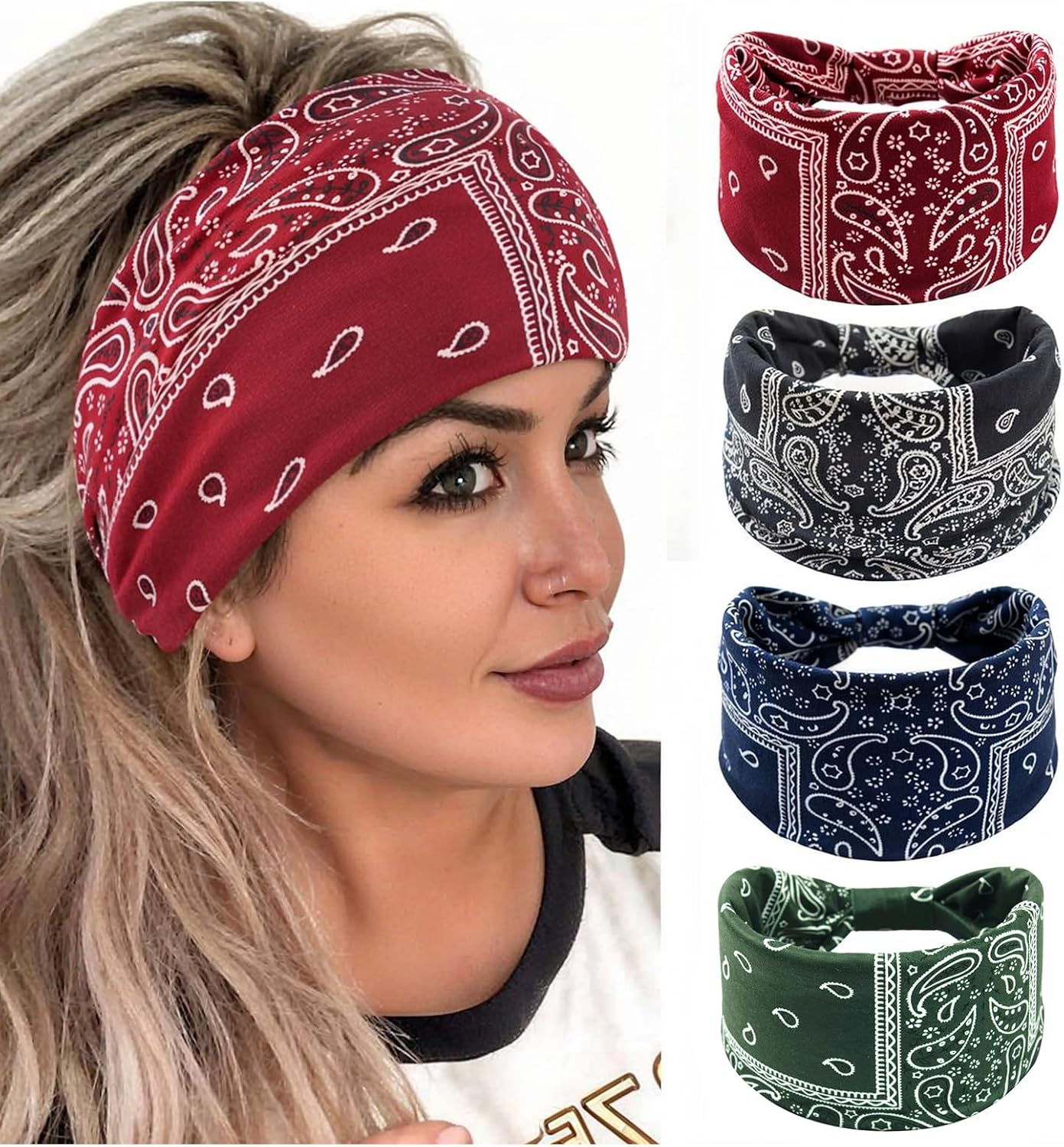 Culinavog Pack of 4 Boho Hair Bands, Wide Soft Headbands with Knotted Look, Elastic Headband for Yoga, Sports, Daily Life - Colourful Set Hair Accessories Women image number 3