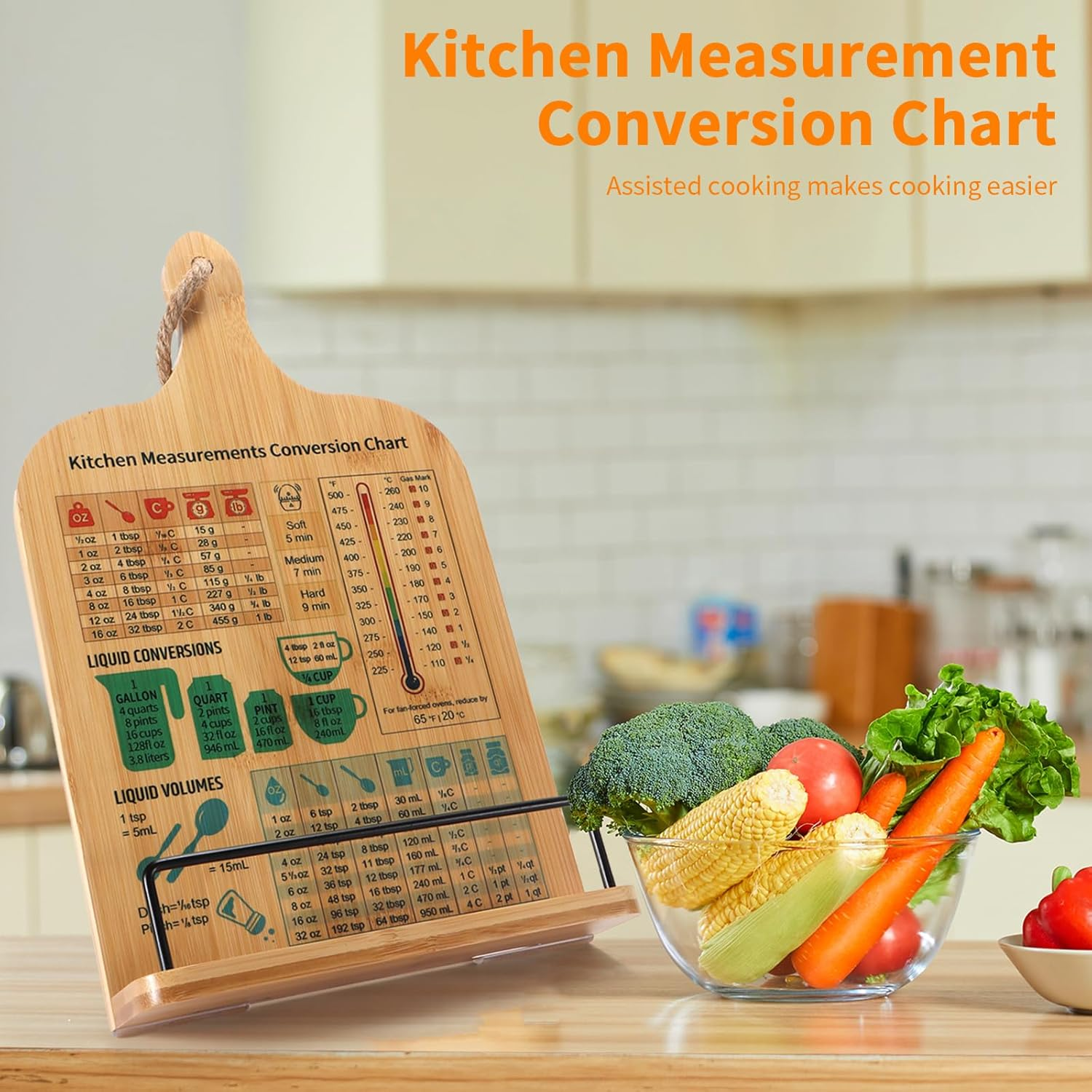 Bamboo Cookbook Stand,Recipe Book Stand with Measurement Conversion Chart,Unique Gifts for Women Mom Grandma Wife Sister Friends Mothers Day Anniversary,Essential Accessories for Holding Cookbooks image number 2