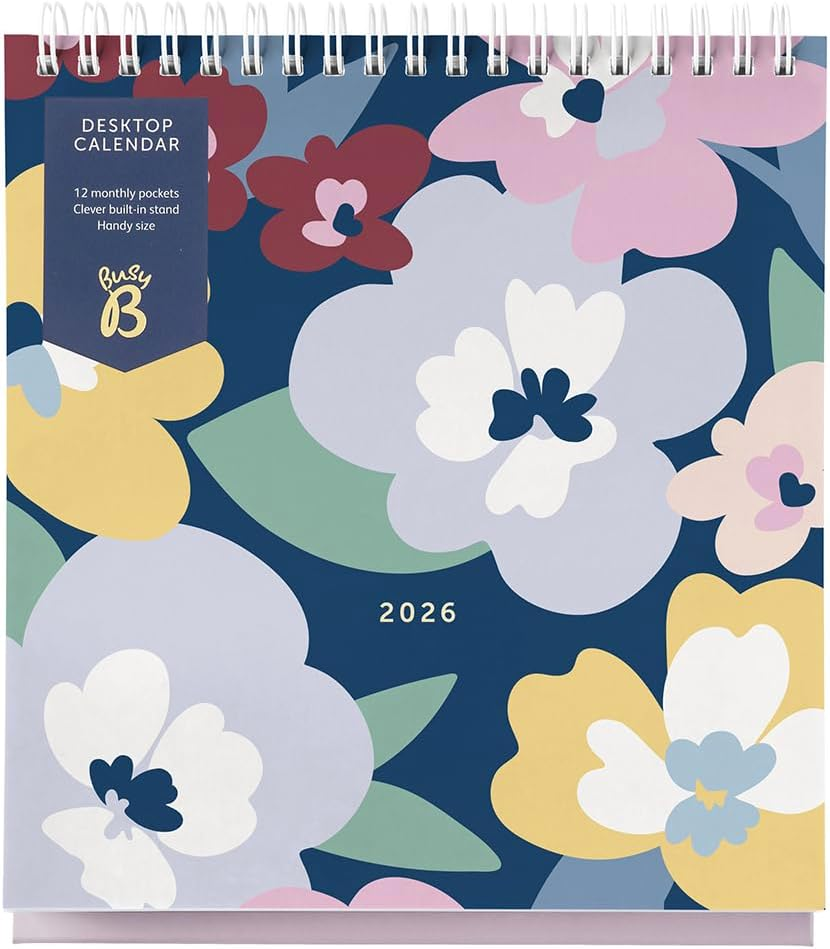 Busy B 2026 Desk Calendar &ndash; Jan to Dec, Navy Spray 2026 Calendar with Built-In Stand & Flip-Top Binding Dessk Calendar for Office or Home - Year Planner with Pockets for Organised Planning