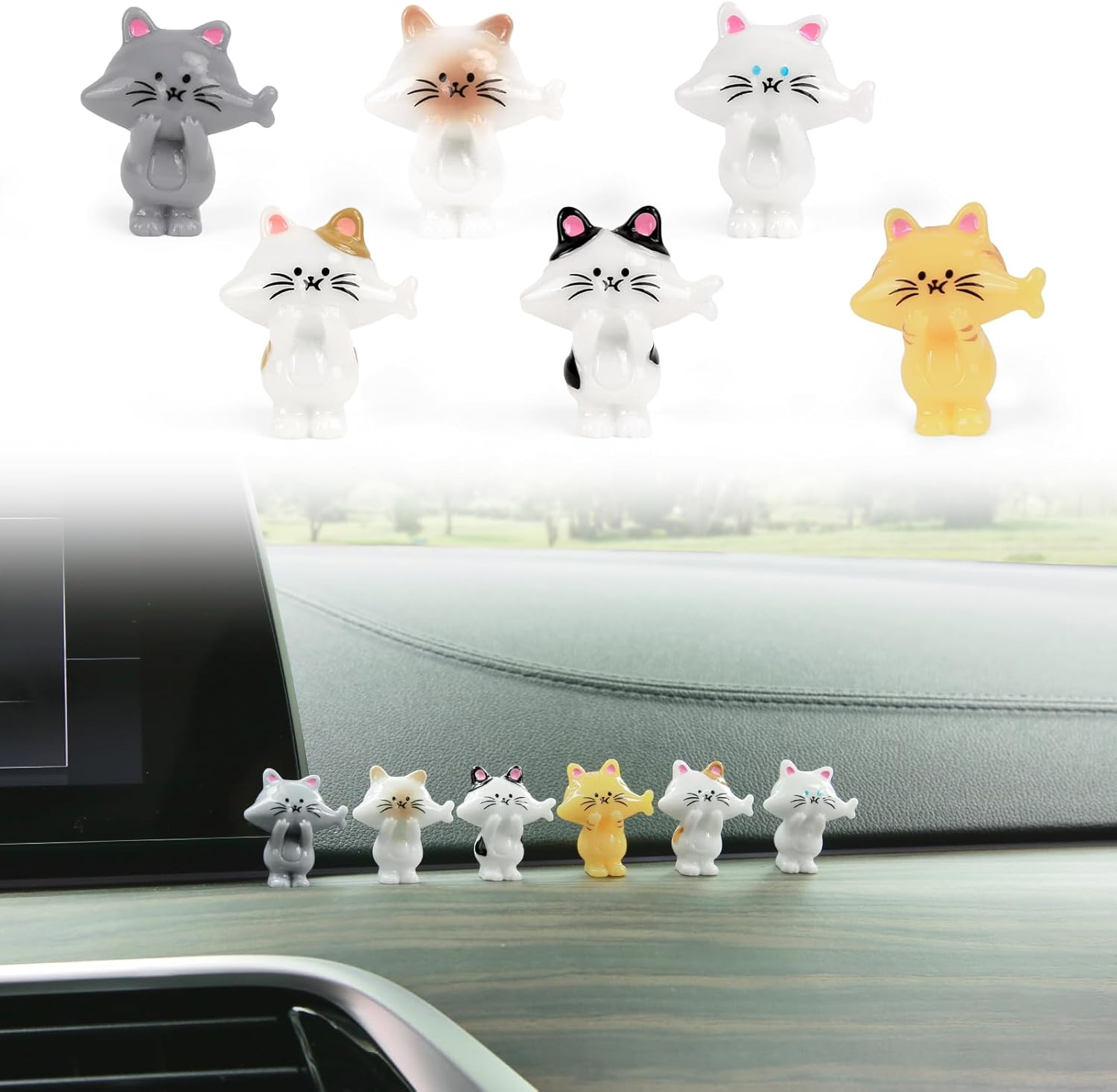 YGMONER Set of 6 Cute Mini Cat Eats Fish Car Dashboard Decorations Funny Car Decor Kawaii Car Interior Accessories for Women Gifts image number 6