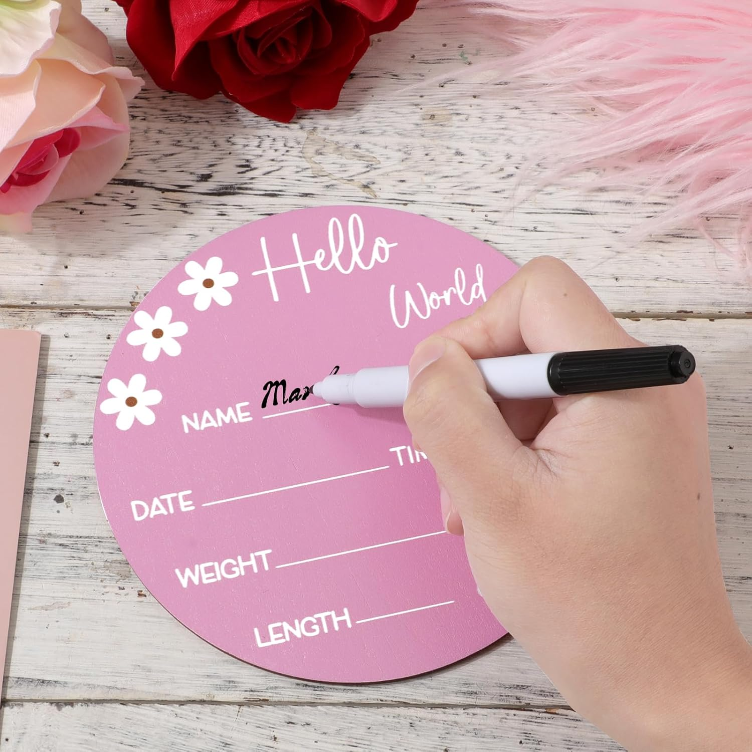 NQEUEPN Baby Name Sign, 5.9In Wooden Hello World Sign Daisy Wooden Baby Announcement Card Birth Baby Name Plaques for Newborn Boys Girls Photography Props Baby Shower Gifts Hospital Nursery(Rose Red) image number 1