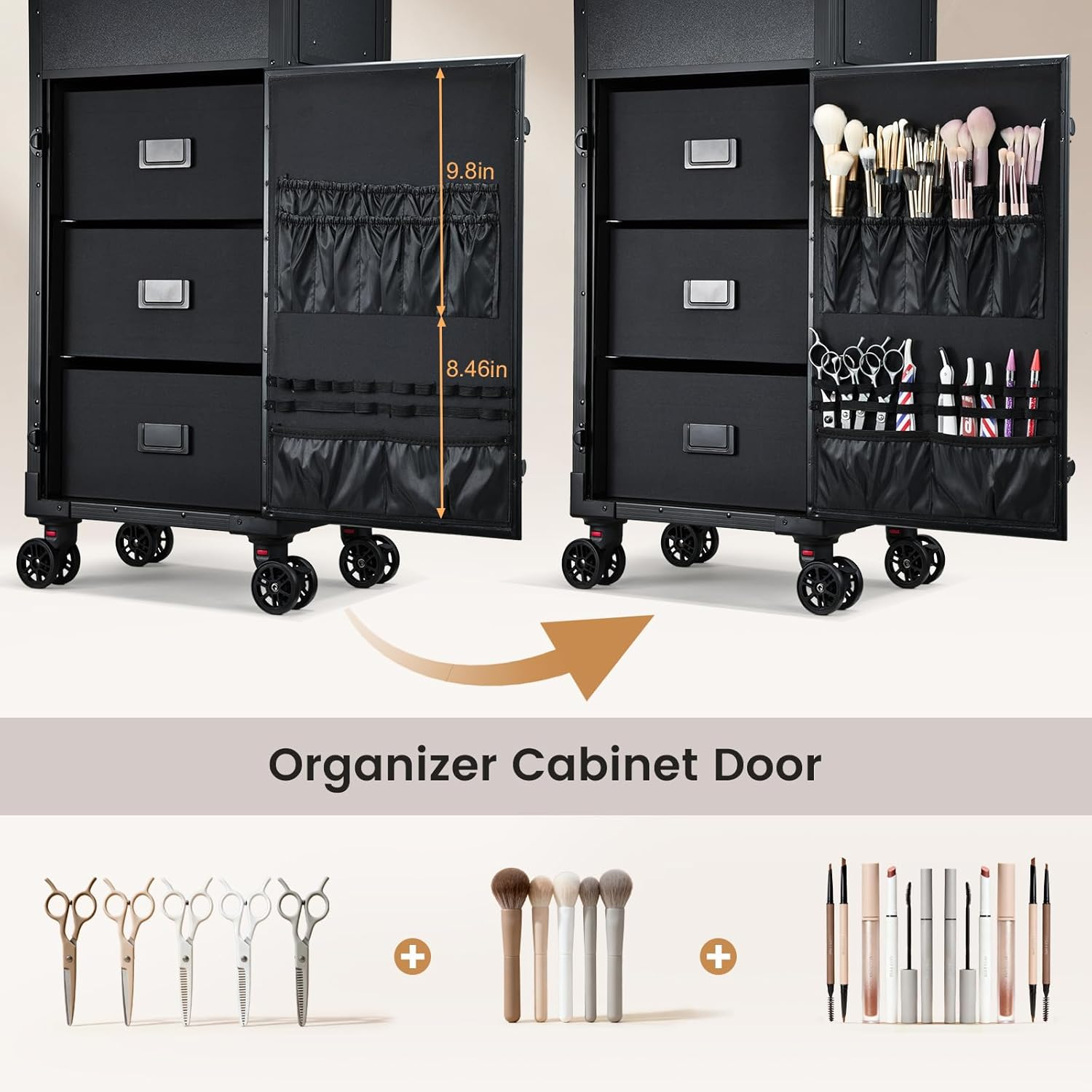 Rolling Makeup Case with LED Mirror, Cosmetology Case on Wheels with Lighted Mirror, Professional Salon Trolley Cart with 3 Drawers,Travel Makeup Lockable Beauty Organizer with Live Stream Light image number 4