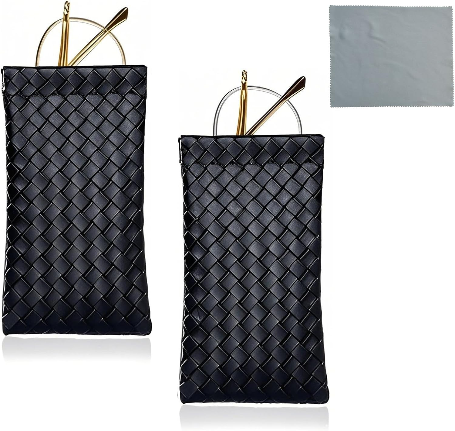 2 Pack Soft Leather Squeeze Top Sunglass Case &ndash; Lightweight Eyeglass Pouch with Anti-Scratch Lining & Microfiber Cleaning Cloths, Portable Glasses Storage for Women & Men