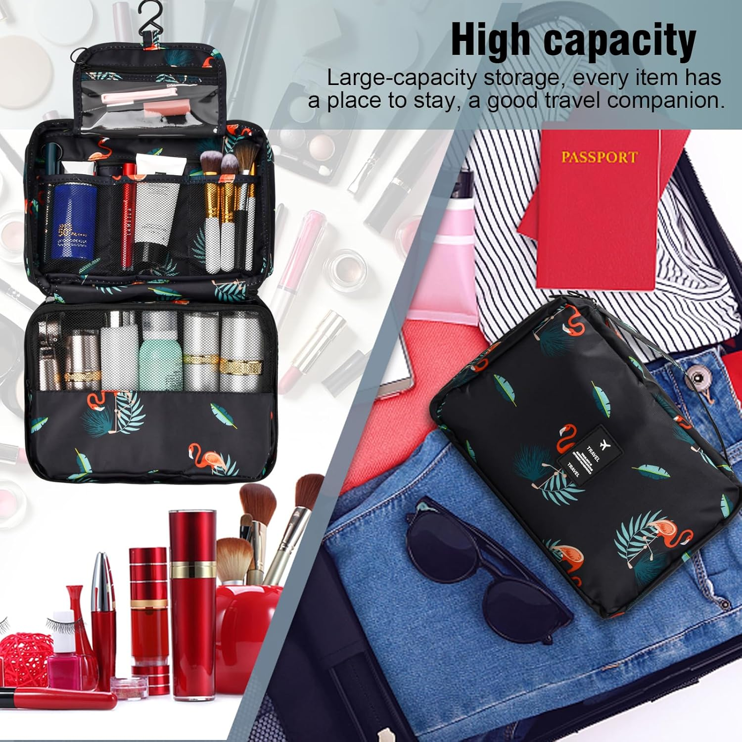 Large Hanging Toiletry Bag, 25.5X17X8.5Cm, Waterproof Makeup Bag Travel with 4 Compartments, Foldable Portable Wash Bag Women Men, for Travel Toiletries Essentials Bathroom Shower image number 6