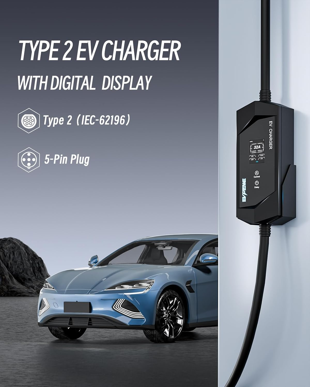 Type 2 EV Charger 32A 7KW, 8M Portable Type 2 EV Charging Cable 5 Pin Single Phase EV Home Charger 6A-32A Adjustable Current for IEC 62196-2 Evs Model 3/Y BYD Atto3 MG, IP65 image number 5