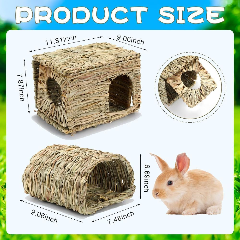2 Pack Large Grass House and Tunnel for Small Animal, Hand Crafted Natural Grass Hideaway Foldable Bed Hut for Bunny Guinea Pig Chinchilla Ferret for Play and Sleep image number 5